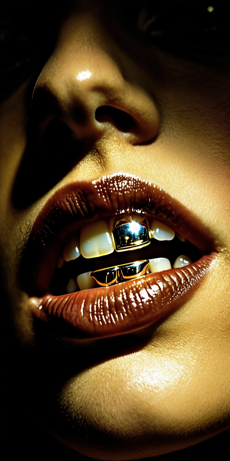 A stark,  high-contrast black-and-white noir close-up portrait centered on the woman’s lips and teeth,  eliminating all ot...