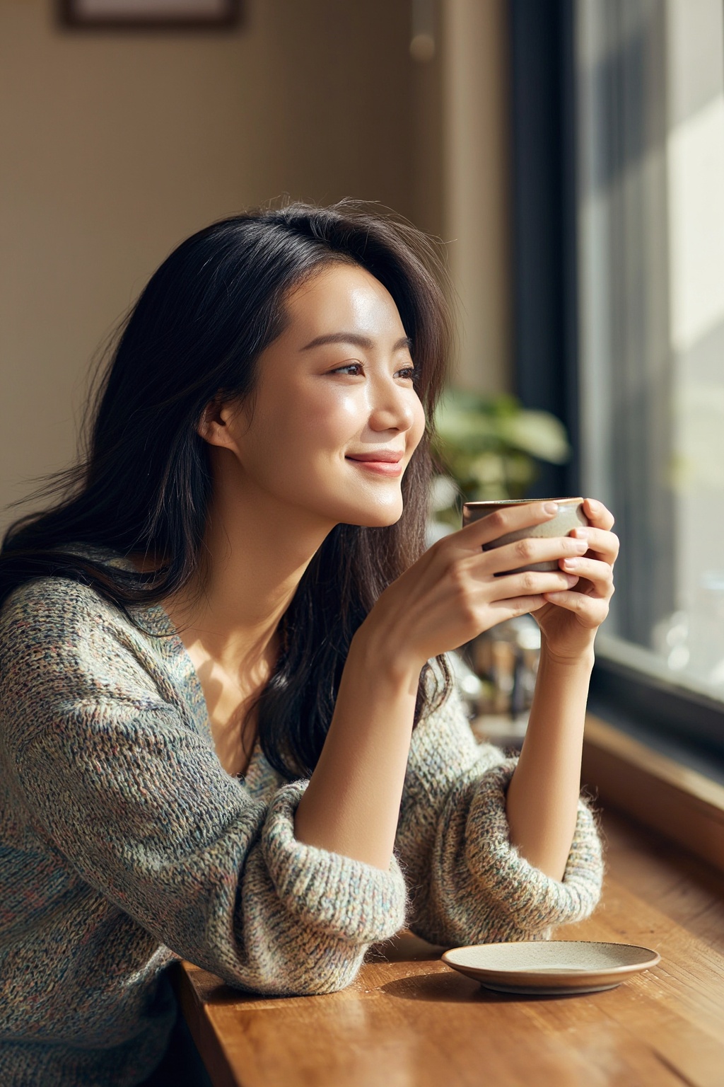 A realistic aesthetic portrait of an Asian woman in a café setting,  blending lifestyle and beauty. She sits by a wooden t...