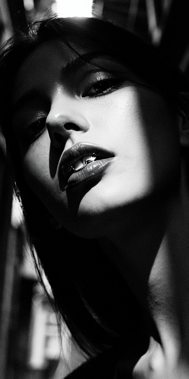A stylized yet realistic noir portrait in monochrome,  framed loosely from the upper torso upward,  emphasizing mood and c...