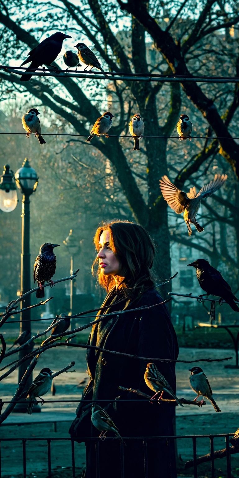 A cinematic color portrait inspired by noir pacing,  reimagined through a birdwatching theme. A woman stands as the centra...