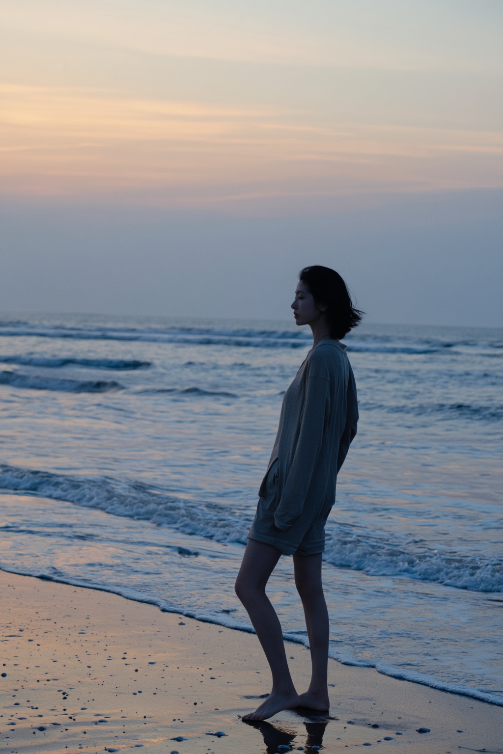 An aesthetic realistic portrait of a person standing near the ocean at dusk,  captured in soft,  pastel-toned natural ligh...