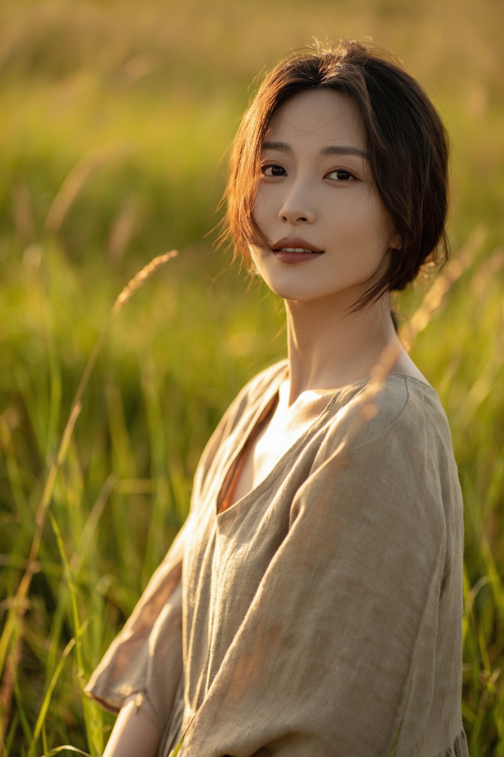 A realistic aesthetic portrait of an Asian woman in a natural outdoor setting during golden hour. She stands in a field of...