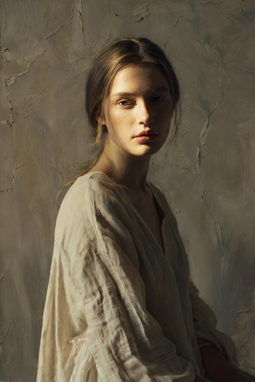 An artistic yet realistic portrait of a young woman painted with light and shadow,  blending fine-art photography aestheti...