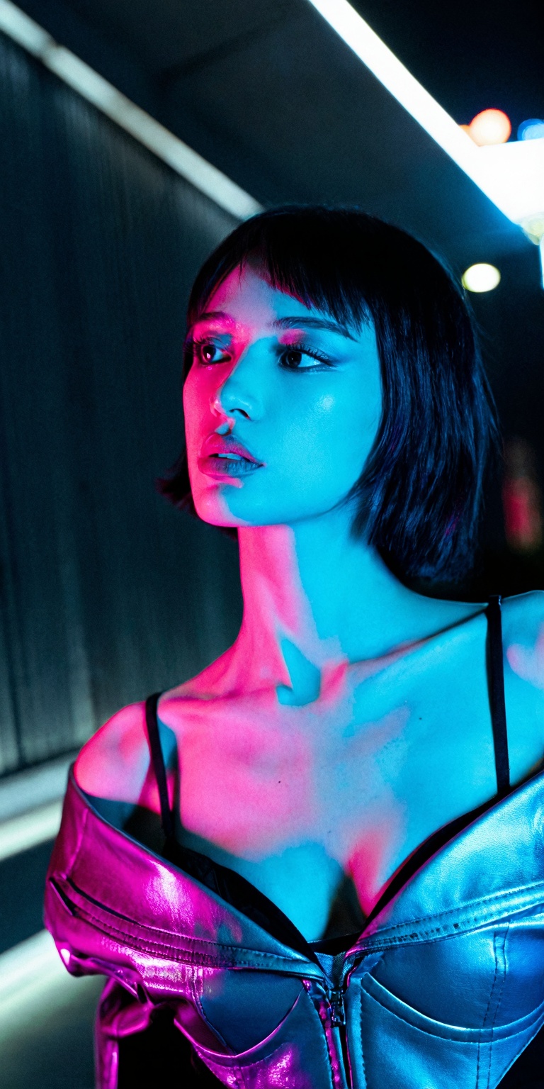 A cinematic Y2K-inspired color portrait capturing a woman as the central figure during a slow,  deliberate turn of her hea...