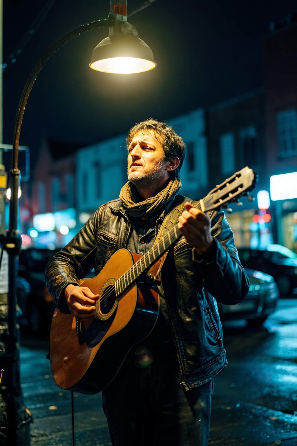 A highly realistic portrait of a street musician performing at night under a single overhead streetlamp,  photographed wit...