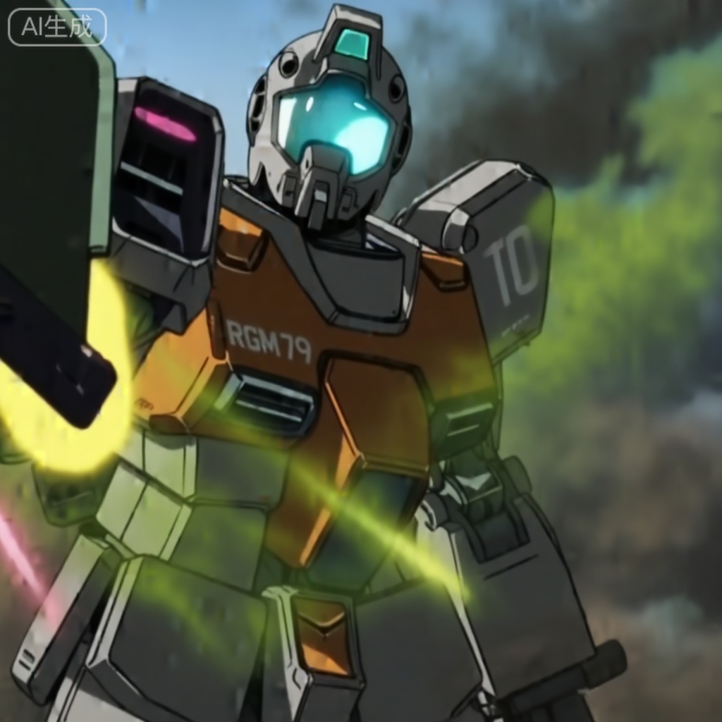 masterpiece, best quality,solo,white background,simple_background,full_armor,superrobet,RGM_79_(GTO_VER),robot,glowing,no_humans,machinery,mecha,science_fiction