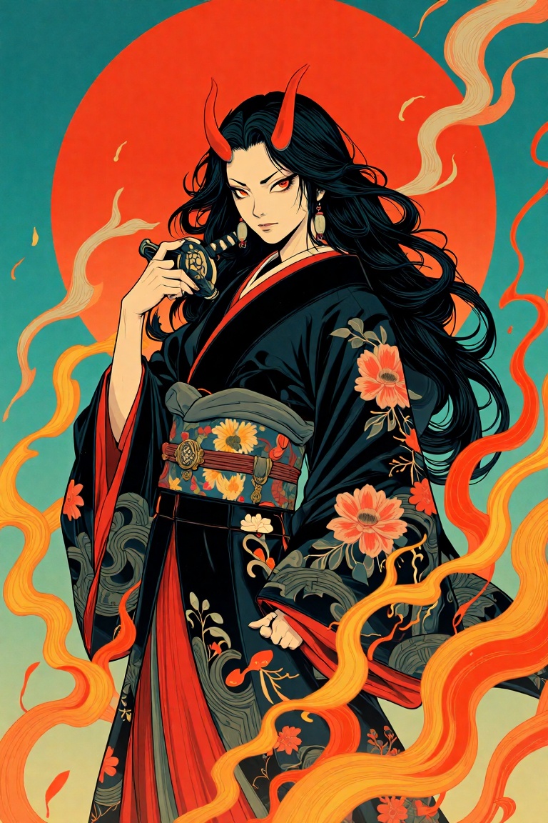 浮世绘风格,  A vibrant and detailed digital illustration of a japanese woman with long black hair and red eyes,  dressed in a t...