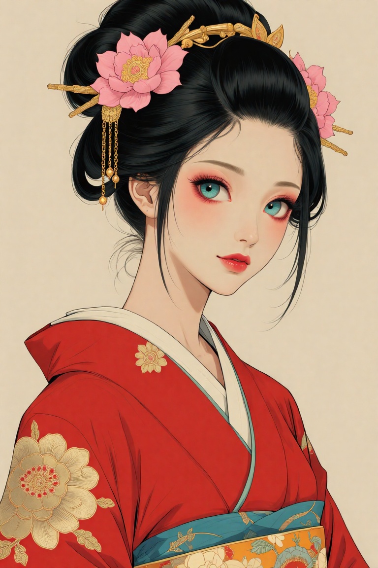 浮世绘风格,  A digital illustration shoot from a portrait camera angle about a beautiful japanese woman in traditional attire w...