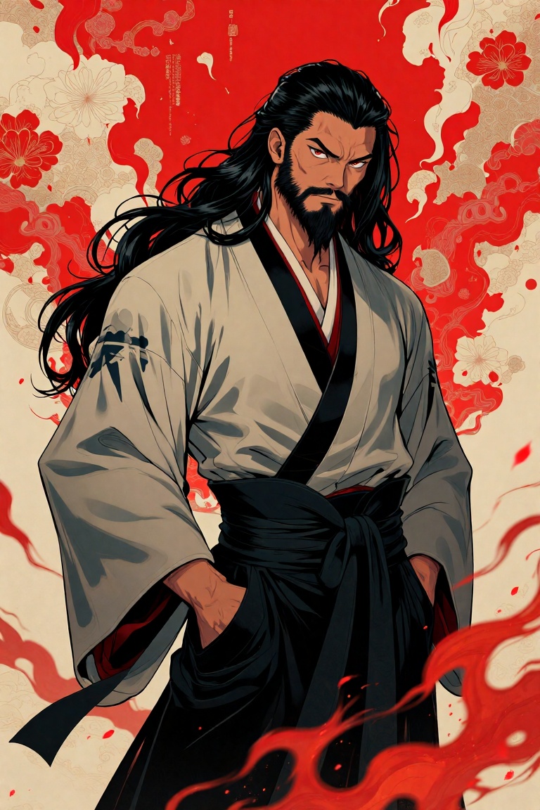 浮世绘风格,  A digital illustration shoot from a portrait camera angle about a muscular man with long black hair and a beard we...
