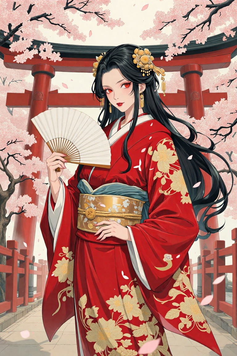 A beautiful japanese woman in a traditional red kimono with intricate gold patterns,  standing in the middle of the image...