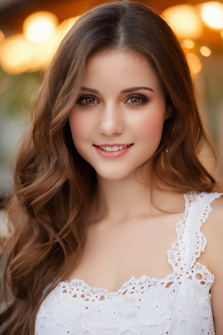 A young woman with long wavy brown hair framing her face,  wearing a white lace top with thin straps and intricate floral...