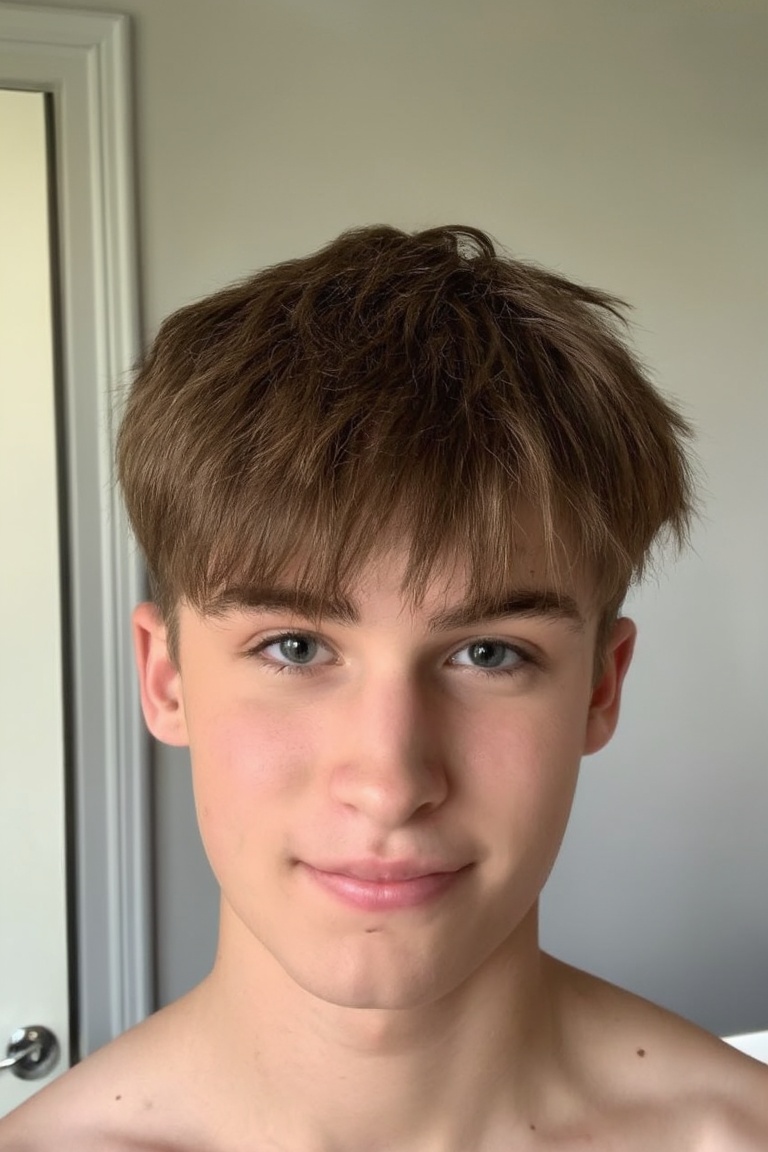 A close-up shot of a young man's chest and upper torso is visible. The man's hair is a vibrant shade of brown,  with a few...