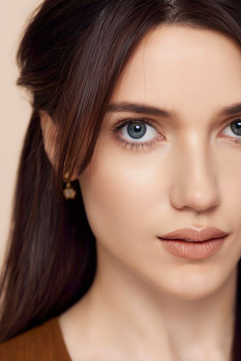 A close-up portrait of a young woman's face is angled towards the right side of the frame. The woman's eyes are a piercing...