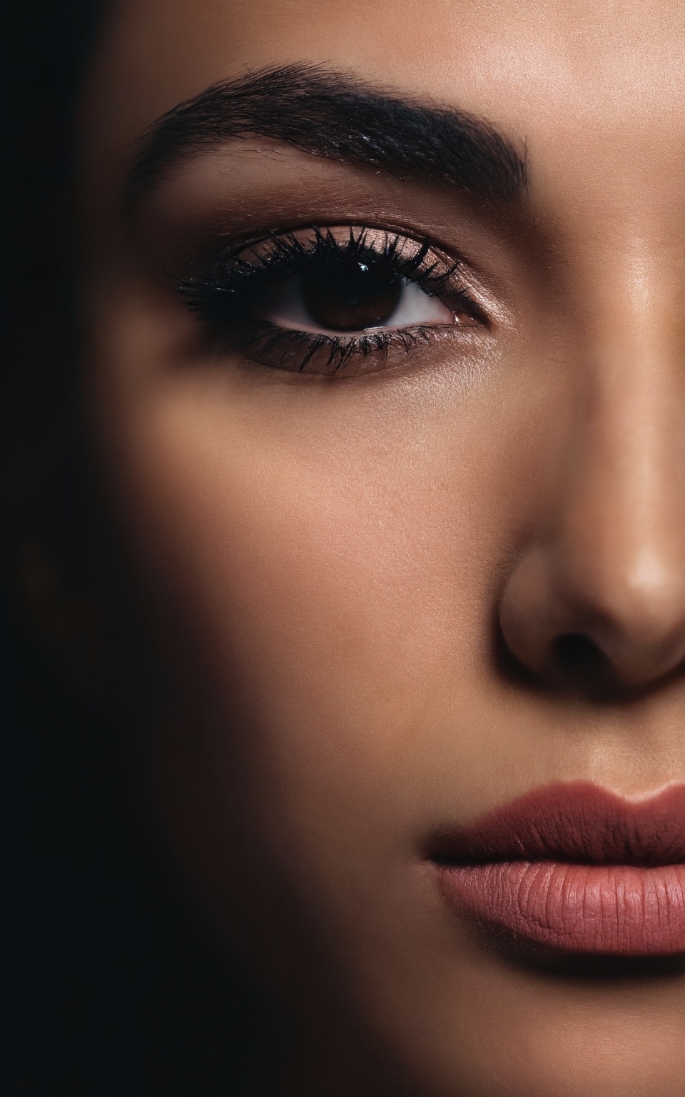 A close-up shot of a woman's face,  her eyes are squinted with dark eyelashes. Her eyebrows are arranged in a straight lin...