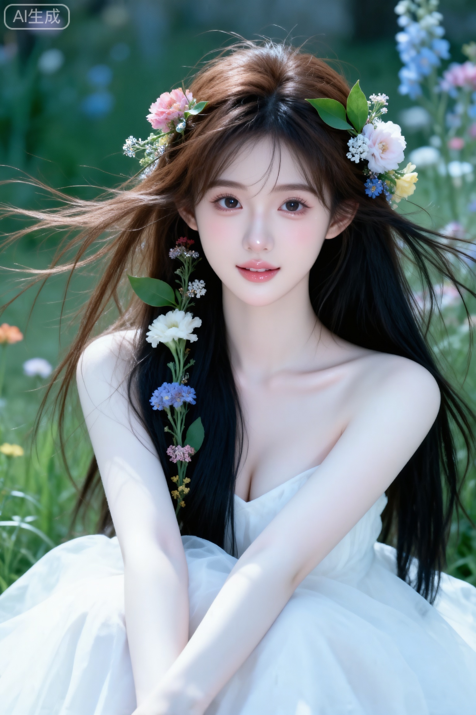 杰作级画质,顶级图像精度,超高清细节渲染,单人女性角色,（乌黑亮丽的长发：1.4）,（比例优越的纤细长腿：1.3）,（肌肤白皙光滑的匀称美腿：1.4）,（挺拔饱满的D 罩杯曲线：1.4）,（精致立体的美颜五官：1.4）,美颜全开,光滑油亮的皮肤,水嫩的肌肤,一个女孩,
背景充满花草树木草,超清晰画质,妆造精致,饰品精巧,棕色长发上编织许多鲜花和叶子搭配,头发和鲜花花巧妙结合,身着白色飘逸长裙蓬松极简风格,细节完美,五官精致,突出头发凌乱美,面部清晰,清冷调。日常快照风格,非精心构图,非专业打光。（电影级面光：1.6）,（光线追踪：1.5）,（冷白皮漫感质感的光滑皮肤：1.7）,（人物有最好的骨相：1.2）,（网感脸：1.6）,（网感妆：1.6）身材完美,莫兰迪配色,高颜值网红,INS风,幼态脸,19岁女生尖下巴,三庭五眼比例均衡,细腻陶瓷水嫩肌肤,偏冷白皮,随机的妆容,随机的饰品,随机的动作,侧光,发丝轻飘,凌乱,随机角度拍摄,总体有很多的不确定性,但又好看,
风格甜美少女系,氛围慵懒俏皮,东方美女,年轻娇小,冷白皮气质美女,纯欲风,皮肤白皙,偶像气质,fairskin,气质的江南美女子,有点甜美,皮肤美白透亮,表情可爱,甜美氛围,细腻笔触,独特韵味的美,傲人身材,D cup,美颜全开,光滑油亮水嫩的皮肤