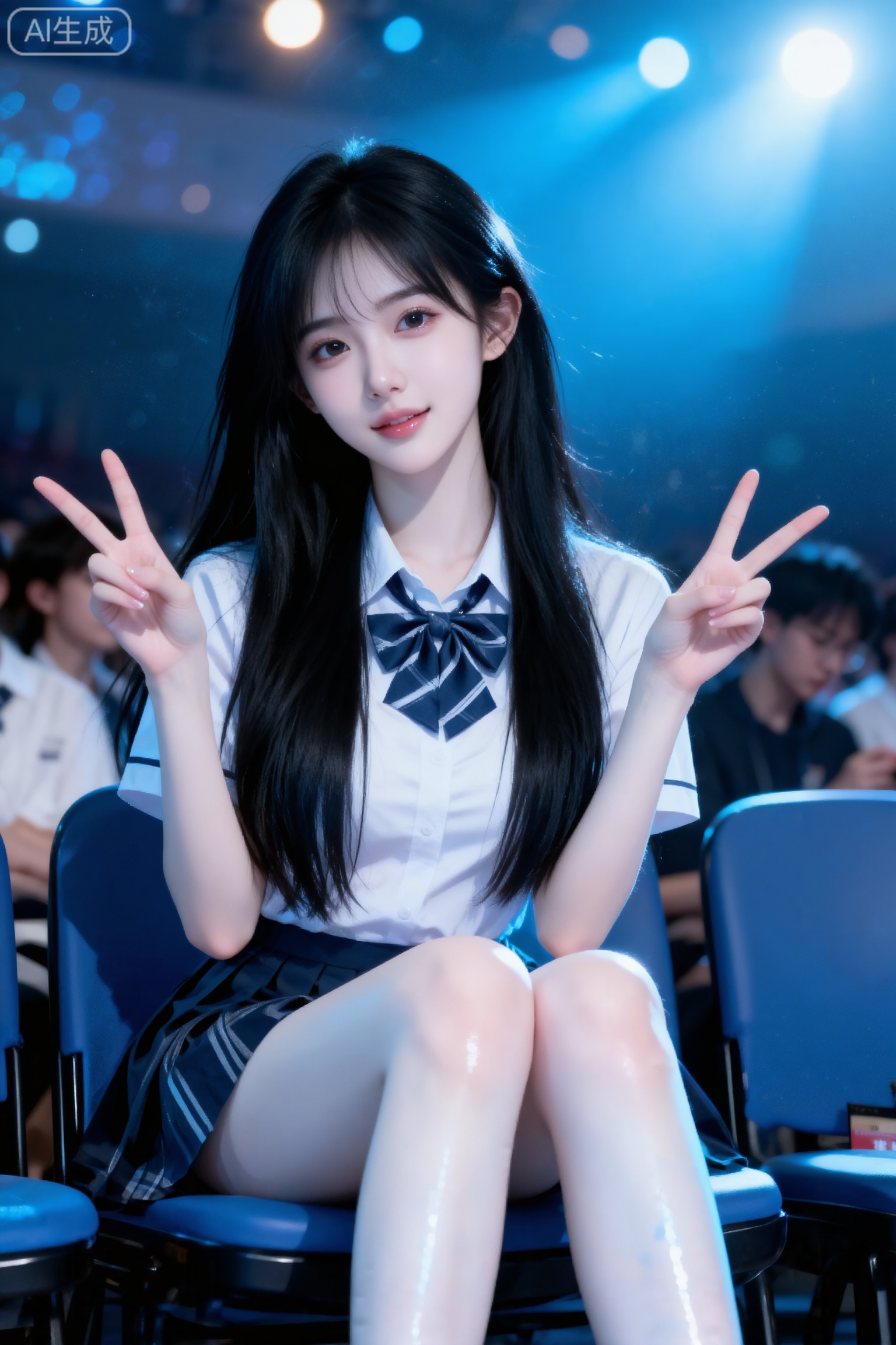 杰作级画质,顶级图像精度,超高清细节渲染,单人女性角色,（乌黑亮丽的长发：1.4）,（比例优越的纤细长腿：1.3）,（肌肤白皙光滑的匀称美腿：1.4）,（挺拔饱满的D 罩杯曲线：1.4）,（精致立体的美颜五官：1.4）,美颜全开,光滑油亮的皮肤,水嫩的肌肤,一个女孩,
冰蓝的浪漫诗意视觉风格,冷暖光交织的梦幻唯美场景,强烈的光影对比氛围,随手一拍,画面有微微颗粒感,苹果手机拍摄风格,低分辨率,低饱和度,学校艺术节晚会日常场景,画面主体是一个漂亮非常白皙的少女,少女很瘦气质很好,腰线弧度比例完美,少女正看镜头,少女比耶坐在观众席,少女穿着短袖校服,构图随意,充满生活气息的快照风格。傲人身材,D cup,美颜全开,光滑油亮水嫩的皮肤