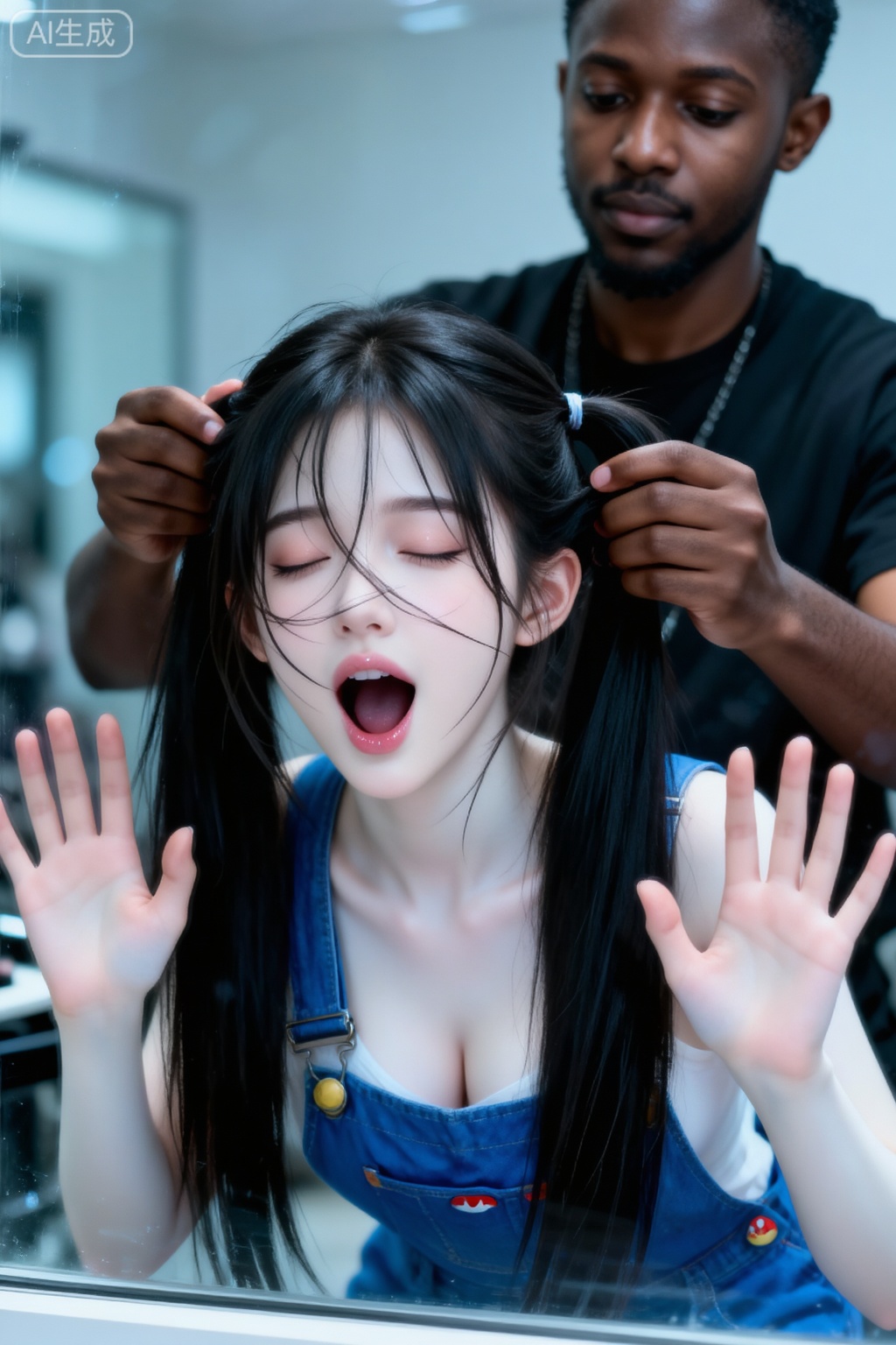 杰作级画质,顶级图像精度,超高清细节渲染,单人女性角色,（乌黑亮丽的长发：1.4）,（比例优越的纤细长腿：1.3）,（肌肤白皙光滑的匀称美腿：1.4）,（挺拔饱满的D 罩杯曲线：1.4）,（精致立体的美颜五官：1.4）,美颜全开,光滑油亮的皮肤,水嫩的肌肤,一个女孩双手按窗,going commando马里奥背带裤,面部紧贴玻璃,皮肤白皙。清透,双马尾甜妹,闭眼,打哈欠,凌乱发丝垂落脸颊与镜头间,俯身向前,真实,一个看不见上身的非洲理发师站在她身后,一只非洲的大手从后用力拉着她的头发给她做发型,暗朦,景深,层次感,空灵,唯美