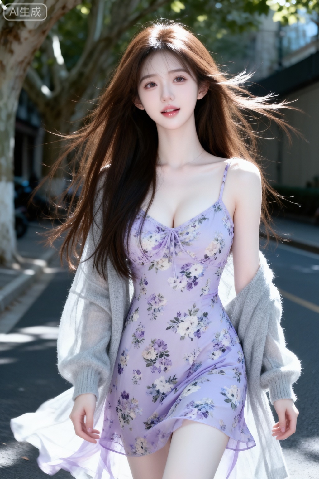 杰作级画质,顶级图像精度,超高清细节渲染,单人女性角色,（乌黑亮丽的长发：1.4）,（比例优越的纤细长腿：1.3）,（肌肤白皙光滑的匀称美腿：1.4）,（挺拔饱满的D 罩杯曲线：1.4）,（精致立体的美颜五官：1.4）,美颜全开,光滑油亮的皮肤,水嫩的肌肤,1girl,
晴天柔和光线笼罩下,街边梧桐树荫旁,一位棕色长发及腰、模样娇俏的冷白皮女生,身着浅紫碎花吊带裙外搭浅灰薄纱开衫,裙摆飘逸感与开衫的轻盈质感突出。画面带轻微运动模糊,是普通iPhone随手抓拍的19岁网红气质女生,高鼻梁、纤细身形,无刻意构图,因阳光斑驳有轻微过曝,阳光透过发丝映在脸上,放大冷白皮通透感,神态灵动随性。整体为写实风格,保留轻微噪点,高光不过曝、阴影有细节,表情松弛慵懒、眼神真实,满是生活感,兼具氛围感、情绪片特质与CCD拍摄质感,堪比大师作品。傲人身材,D cup,美颜全开,光滑雪白油亮水嫩肌肤