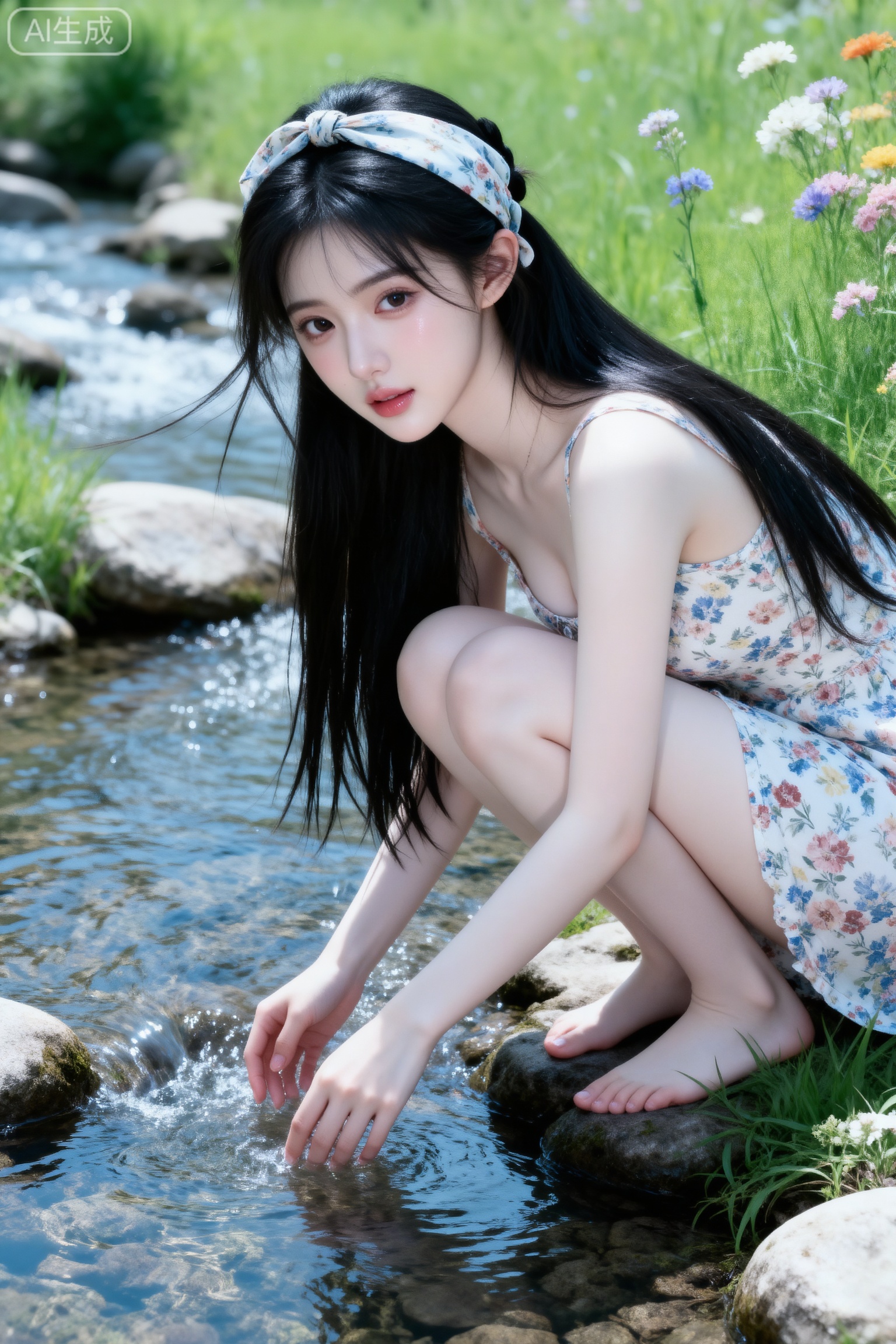 杰作级画质,顶级图像精度,超高清细节渲染,单人女性角色,（乌黑亮丽的长发：1.4）,（比例优越的纤细长腿：1.3）,（肌肤白皙光滑的匀称美腿：1.4）,（挺拔饱满的D 罩杯曲线：1.4）,（精致立体的美颜五官：1.4）,美颜全开,光滑油亮的皮肤,水嫩的肌肤,一个女孩,
一位扎发带、穿碎花连衣裙的少女,蹲在清澈小溪边,手轻触溪水,周围是绿草、小花、石块,阳光柔和,营造轻松惬意的田园自然场景,画面色彩清新明亮。

人像摄影,日常快照风格,非精心构图或打光,神情忧郁妖冶少女,冷白皮,时尚穿搭,瓜子脸尖下巴,皮肤白皙,底妆通透,肤色均匀自然,纯欲风。,发丝清晰可见,皮肤白皙,底妆通透,肤色均匀自然,纯欲风。光线柔和自然,非均匀打光,表情自然松弛,照片毫无修饰感,带有生活真实感。ccd拍照感,iphone实拍,真人,真实生活,