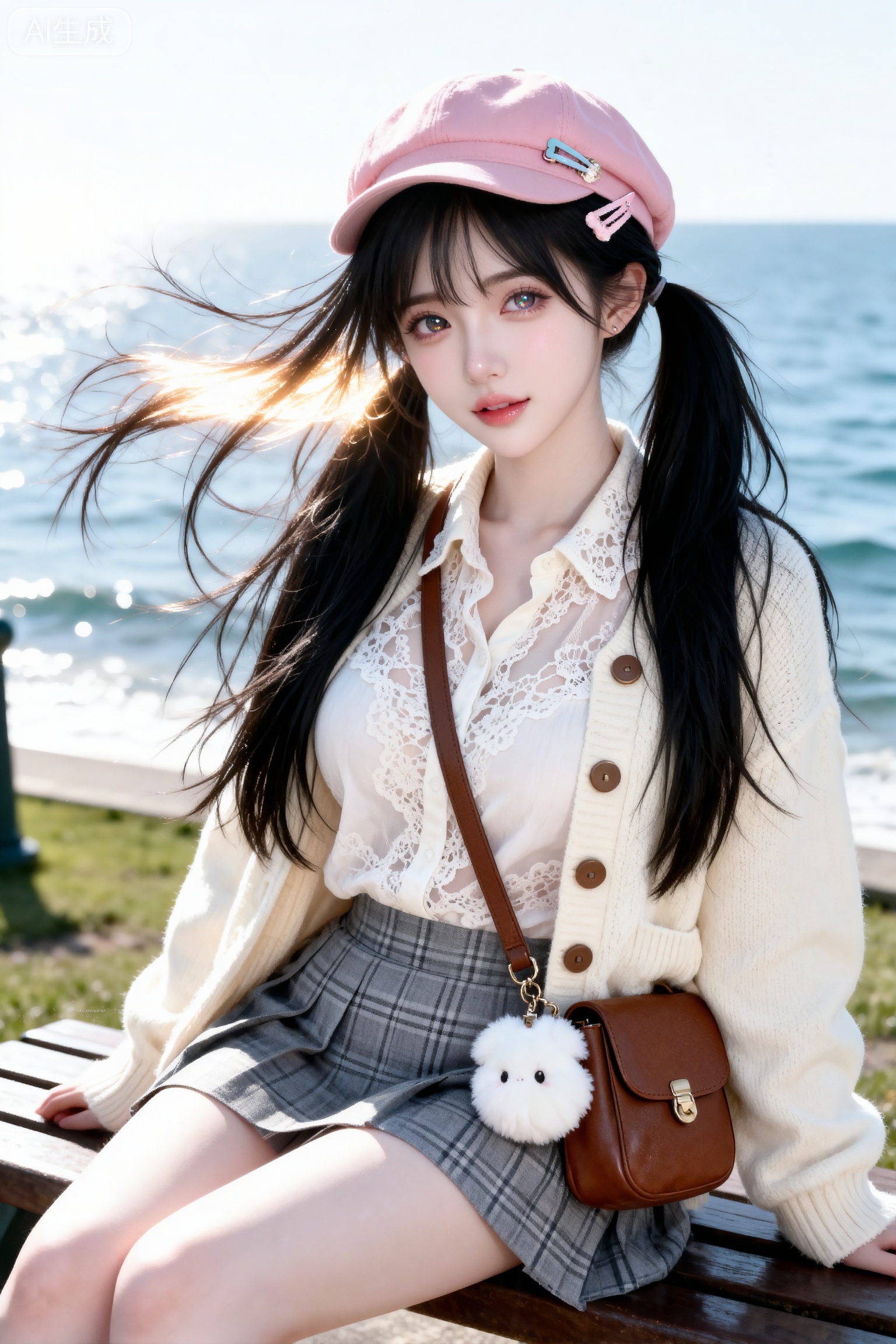 杰作级画质,顶级图像精度,超高清细节渲染,单人女性角色,（乌黑亮丽的长发：1.4）,（比例优越的纤细长腿：1.3）,（肌肤白皙光滑的匀称美腿：1.4）,（挺拔饱满的D 罩杯曲线：1.4）,（精致立体的美颜五官：1.4）,美颜全开,光滑油亮的皮肤,水嫩的肌肤,一个女孩,
发丝发光,采用细腻皮肤真实质感的风格,画面中展现了一个不改变原图形象的萌萌的脸部特写,通过略微俯视的镜头角度进行呈现。背景营造出清醒系且阳光的场景氛围,人物有着散乱的头发随风飘动的感觉, 发型不变,发丝随风飘动,不改变原片发色。眼神闪闪发光,其中带着阳光和魅惑的情绪,尽显魅惑高冷的气质。画面着重句勒了人物的面部细节,高先处理十分讲究,同时画面虽现出带有摄影机极复古色系噪点的画质,并且有着暖白色通透效果。原比例。原比例。原比例。不要改变人脸比例和形象！！！,帮我生成图片：帮我生成图片：写实风格,日系甜美风,纯欲风,邻家少女,冷白皮,皮肤白皙水润光滑细腻,含情杏眼,瓜子脸尖下巴,超长发,低双马尾,鬓角发丝凌乱自然垂落,发丝微光反射,底妆通透,肤色均匀自然,佩戴发卡,头戴粉色鸭舌帽,穿着宽松蕾丝小衬衫、米白色针织外套（排扣,纯色,无花纹）,斜挎棕色小包（带白色毛绒挂饰）,搭配低饱和灰色色格子小短裙,人物坐在海边公园长椅上,身体倾斜,双腿并拢向一侧倾斜,背景为公园场景,梦幻唯美,光影折射,完美品质,高质量,专业级打光,大师杰作,专业摄影,极繁主义,构图有层次感,极致细节,明暗对比强烈,阴影过渡自然,氛围感,高级感,意境,朦胧氛围。原比例。变为发丝发光,傲人身材,D cup,美颜全开,光滑油亮水嫩的皮肤