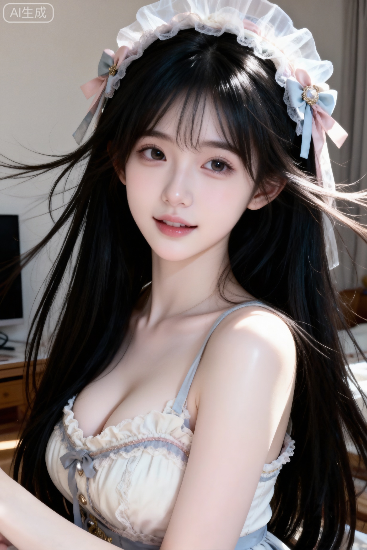 杰作级画质,顶级图像精度,超高清细节渲染,单人女性角色,（乌黑亮丽的长发：1.4）,（比例优越的纤细长腿：1.3）,（肌肤白皙光滑的匀称美腿：1.4）,（挺拔饱满的D 罩杯曲线：1.4）,（精致立体的美颜五官：1.4）,美颜全开,光滑油亮的皮肤,水嫩的肌肤,一个女孩,
帮我生成图片：图片风格为曦梦,不改变画面中人物细节和构图,还有柔和的光线笼罩。,略显拥挤的房间中,,一位长发及腰,可爱的女生,头戴可爱配饰,其轻薄的质感和清晰的层次十分突出,洛丽塔,画面因快门速度不足产生运动模糊,构图随意却尽显生活中的绚丽日常。一张非常普通的iPhone拍摄,没有清晰的主体,都是10岁漂亮网红气质的女孩,高鼻梁,身材和脸型瘦瘦的,也没有构图感,只是一张随意抓拍的照片。这张照片存在轻微的运动模糊,且因阳光不均问题,还有轻微的过曝现象。阳光透过发丝照在脸上,突出自然的肌肤状态,整体神态灵动又不失随性。唯美的氛围感。写实摄影风格,非商业修图,保留轻微的噪点,高光不过曝,阴影有细节,表情自然松弛慵懒休闲,眼神很自然不失真(看镜头或不看镜头）,呈现出慵懒松弛悠闲的状态感觉,很贴近生活写实的照片（权威）。氛围感,情绪片,CCD拍摄,大师作品,傲人身材,D cup,美颜全开,光滑油亮水嫩的皮肤