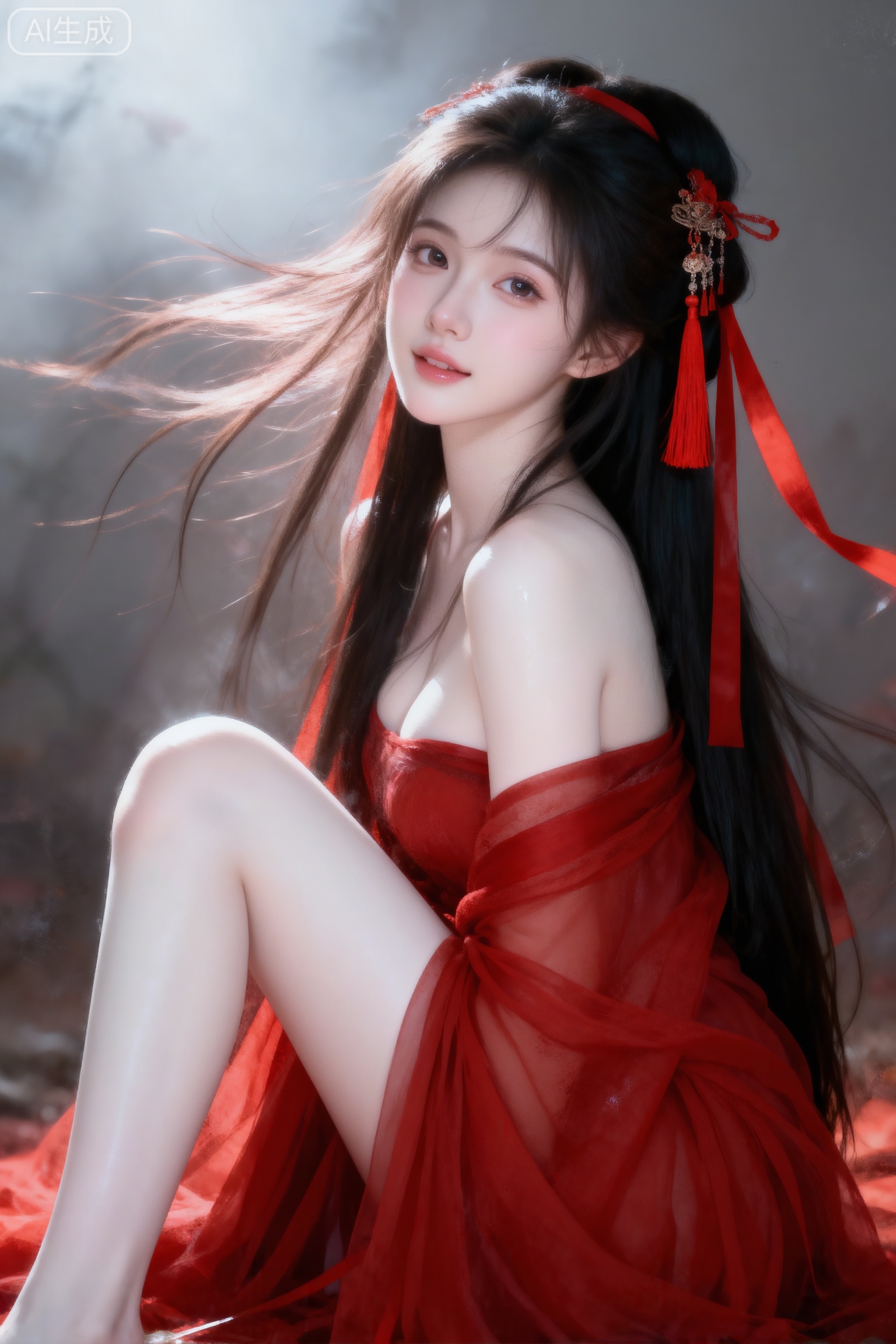 杰作级画质,顶级图像精度,超高清细节渲染,单人女性角色,（乌黑亮丽的长发：1.4）,（比例优越的纤细长腿：1.3）,（肌肤白皙光滑的匀称美腿：1.4）,（挺拔饱满的D 罩杯曲线：1.4）,（精致立体的美颜五官：1.4）,美颜全开,光滑油亮的皮肤,水嫩的肌肤,一个女孩,
帮我生成图片：胶片摄影,镜头语言,淡彩,个性视角,古风美人,灵动,皮肤白皙光滑,倾国倾城容貌,流苏配饰精致简约高级,红色纱衣,露肩,发丝和红色丝带飘扬,粉黛子花妖,大片粉黛子开的繁茂,姿势妩媚妖娆,抬手,正面视角,细节丰富,光线明暗交接,朦胧意境,大师级笔触,暖色调,高对比度,高颜值,既视感,情绪氛围感拉满,暗朦,光朦,泛白,褪色,漏光,层次丰富,写意,朦胧美学,光的美学,lomo效果,超现实,高级感,杰作。比例9:16。表情可爱黑长直深色长发系带束缚,年轻娇小,发丝呈现出自然的蓬松感与垂坠感,长发散落于肩头两侧,几缕发丝拂面,冷白皮气质美女,纯欲风,皮肤白皙,偶像气质,fairskin,光滑,水润质感,陶醉