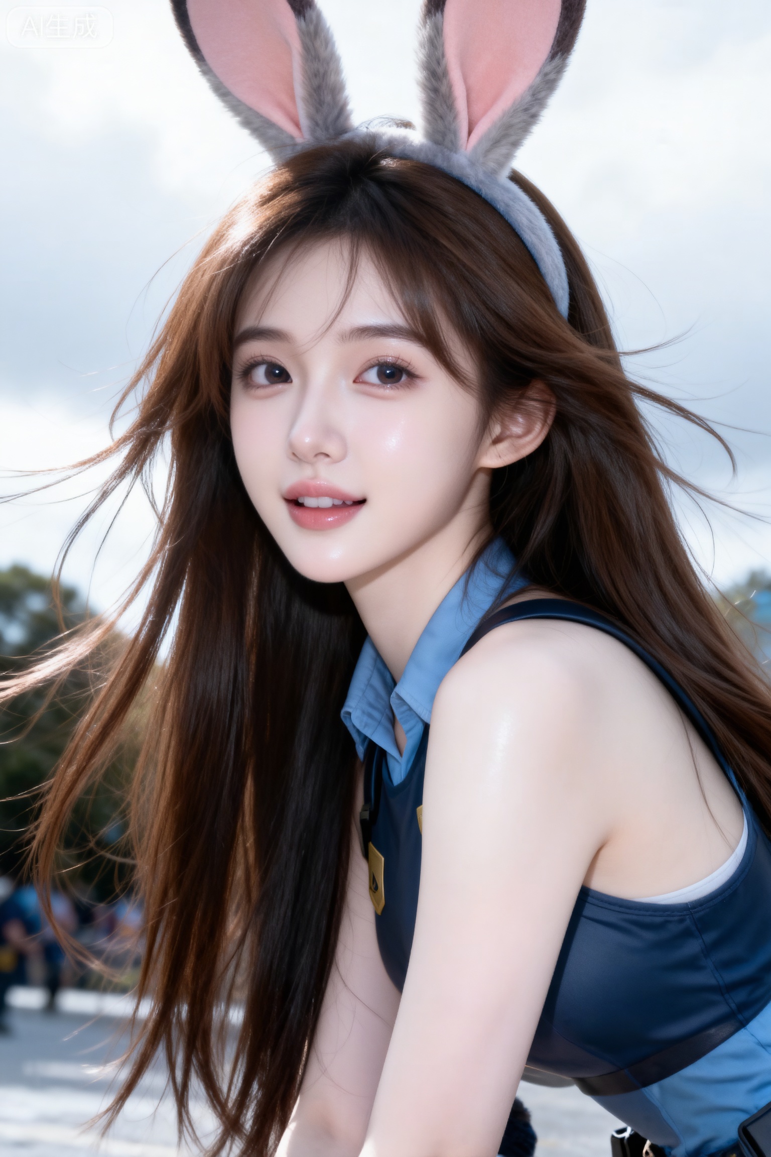 杰作级画质,顶级图像精度,超高清细节渲染,单人女性角色,（乌黑亮丽的长发：1.4）,（比例优越的纤细长腿：1.3）,（肌肤白皙光滑的匀称美腿：1.4）,（挺拔饱满的D 罩杯曲线：1.4）,（精致立体的美颜五官：1.4）,美颜全开,光滑油亮的皮肤,水嫩的肌肤,一个女孩,
图片为梦幻朦胧感,环境为阴天,柔和的光线笼罩。室外,一位棕色长发及腰、模样可爱的冷白皮女生,表情可爱,身着疯狂动物城中兔朱迪的打扮,兔耳朵发饰,其软糯的质感和清晰的层次十分突出。画面因快门速度不足产生运动模糊,构图随意却尽显生活中的绚丽日常。一张非常普通的iPhone拍摄,没有清晰的主体,都是19岁漂亮网红气质的女生,高鼻梁,淡豆沙杏色唇色,身材和脸型瘦瘦的,也没有构图感,只是一张随意抓拍的照片。这张照片存在轻微的运动模糊,且因阳光不均问题,还有轻微的过曝现象。阳光透过发丝照在脸上,突出冷白皮通透自然的肌肤状态,整体神态灵动又不失随性。唯美的氛围感。写实摄影风格,非商业修图,保留轻微的噪点,高光不过曝,阴影有细节,表情自然松弛慵懒休闲,眼神很自然不失真(看镜头或不看镜头）,呈现出慵懒松弛悠闲的状态感觉,很贴近生活写实的照片（权威）。氛围感,情绪片,CCD拍摄,大师作品,傲人身材,D cup,美颜全开,光滑油亮水嫩的皮肤
