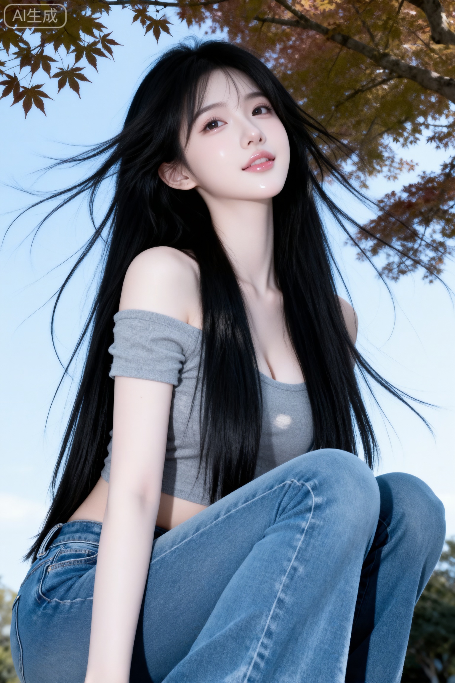 杰作级画质,顶级图像精度,超高清细节渲染,单人女性角色,（乌黑亮丽的长发：1.4）,（比例优越的纤细长腿：1.3）,（肌肤白皙光滑的匀称美腿：1.4）,（挺拔饱满的D 罩杯曲线：1.4）,（精致立体的美颜五官：1.4）,美颜全开,光滑油亮的皮肤,水嫩的肌肤,一个女孩日常生活快照,非精心构图和打光,随手一拍的感觉；一个女明星。黑长直造型,身着灰色露肩短款上衣+低腰紧身喇叭牛仔裤；高挑身材,完美身材,葫芦形S身材,人物主体占画面百分之80以上,低角度微距仰拍,蹲姿,腿部特写。背景:枫树,天空。,表情可爱黑长直深色长发系带束缚,年轻娇小,发丝呈现出自然的蓬松感与垂坠感,长发散落于肩头两侧,几缕发丝拂面,冷白皮气质美女,纯欲风,皮肤白皙,偶像气质,fairskin,光滑,水润质感,陶醉,