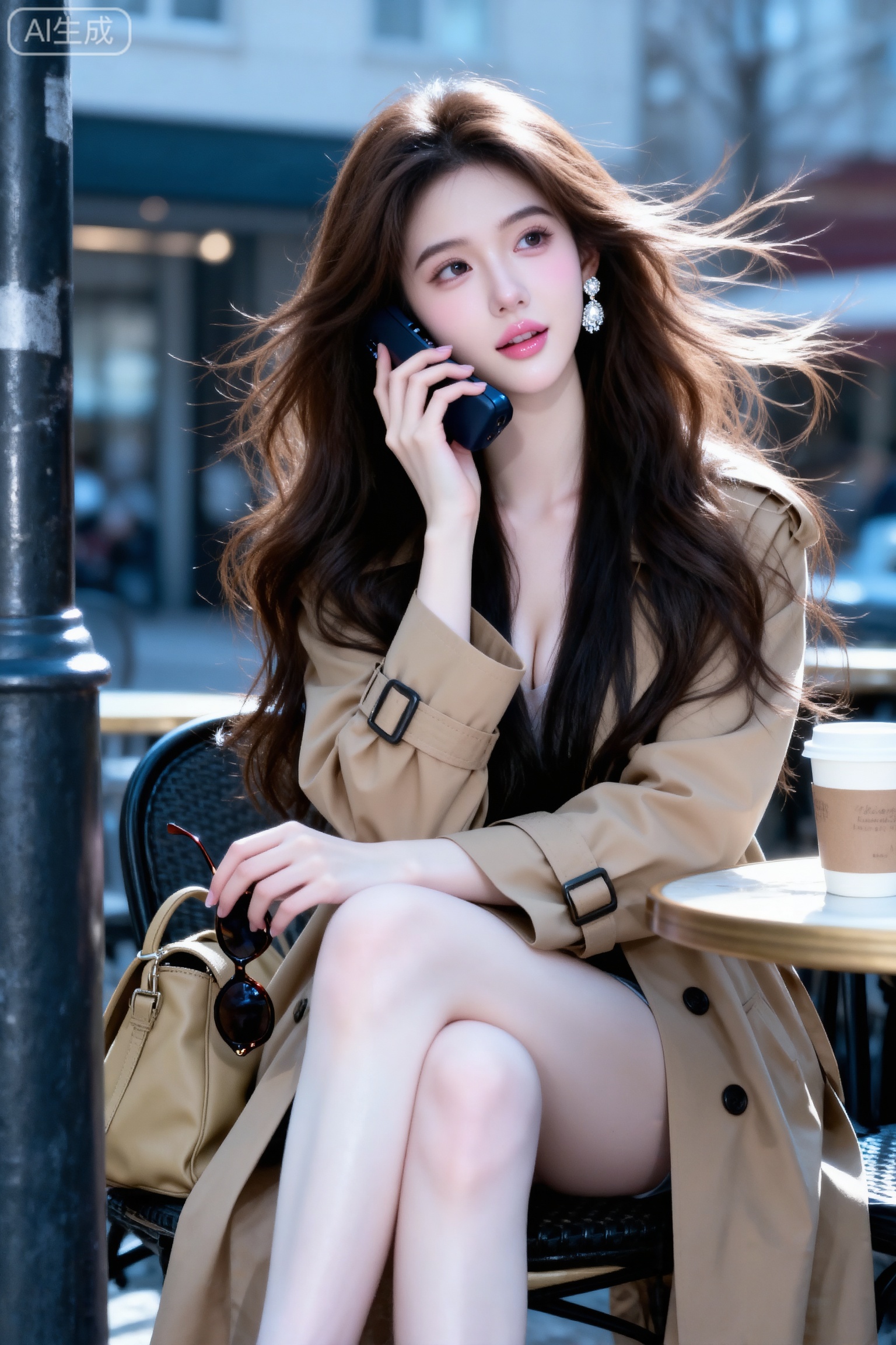 杰作级画质,顶级图像精度,超高清细节渲染,单人女性角色,（乌黑亮丽的长发：1.4）,（比例优越的纤细长腿：1.3）,（肌肤白皙光滑的匀称美腿：1.4）,（挺拔饱满的D 罩杯曲线：1.4）,（精致立体的美颜五官：1.4）,美颜全开,光滑油亮的皮肤,水嫩的肌肤,一个女孩,
都市街拍,不经意的抓拍或者偷拍,前景人物或杆子建筑遮挡,逆光,冷白皮少女化着清透甜美妆容,棕色长卷发,风吹发丝,清冷感,纯欲感,白嫩嫩的皮肤,如琼玉般润滑,纯欲朦胧滤镜,暧昧的眼神人像摄影,耳环,卡其色包包,坐在咖啡馆打电话,身穿卡其色风衣,手拿咖啡和墨镜,眼神看向一旁,大明星既视感,氛围感,姿态慵懒,傲人身材,D cup,美颜全开,光滑油亮水嫩的皮肤