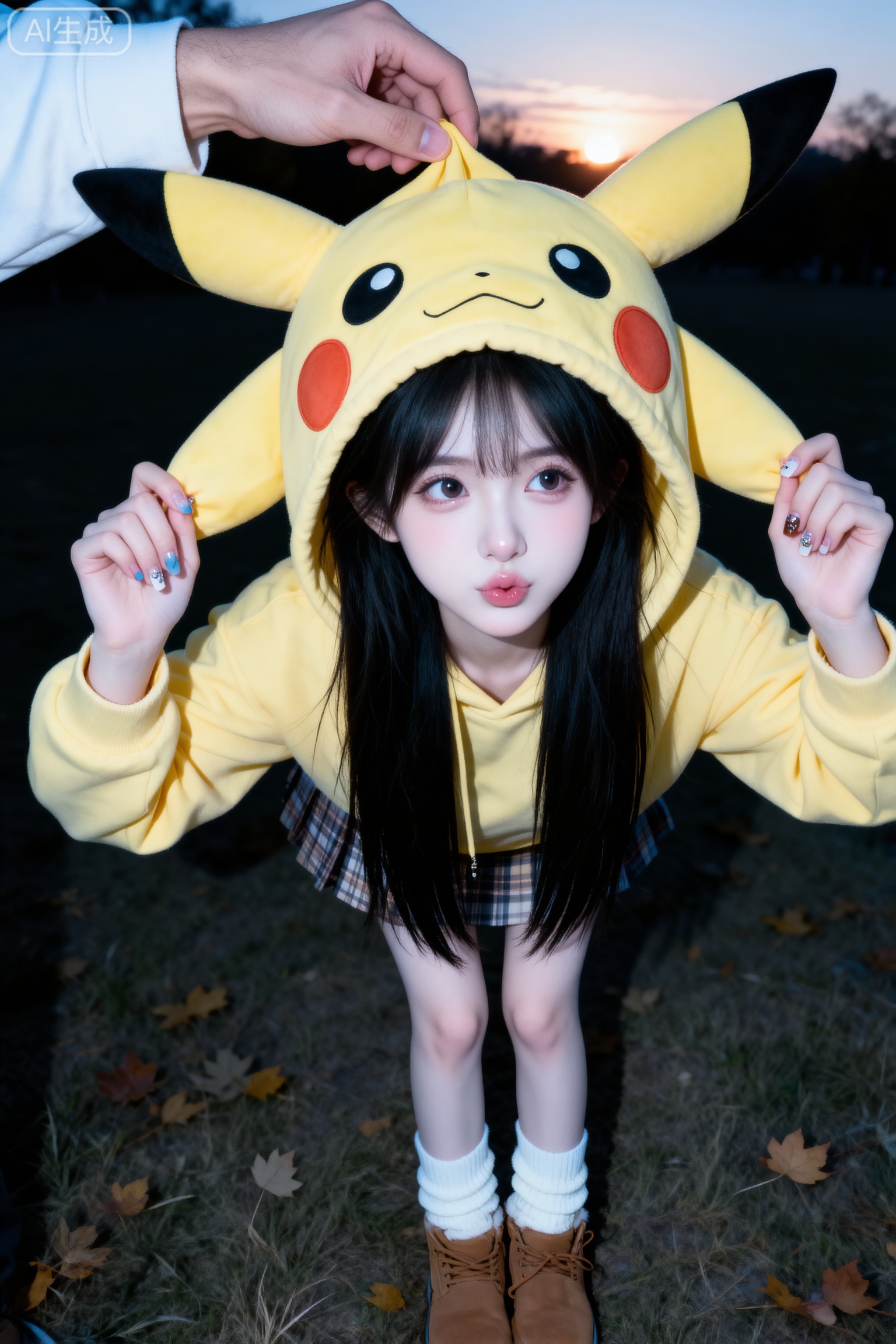 杰作级画质,顶级图像精度,超高清细节渲染,单人女性角色,（乌黑亮丽的长发：1.4）,（比例优越的纤细长腿：1.3）,（肌肤白皙光滑的匀称美腿：1.4）,（挺拔饱满的D 罩杯曲线：1.4）,（精致立体的美颜五官：1.4）,美颜全开,光滑油亮的皮肤,水嫩的肌肤,一个女孩,
超高颜值美少女,嫩黄色比卡丘头连帽卫衣,男朋友的一只手从正上方提拉卫衣帽檐,注意是提拉帽子正上方的帽檐,卫衣帽子夸张被拎起头顶和帽子有很大空间,重力感和提拉感对抗感,注意像拎起一件很重的物品的感觉！夸张镜头语言,鼓腮帮,非正式构图,俯视角抬头看别处,白色堆堆袜,浅棕色雪地靴,格纹短裙,身体前倾弯腰,蹲,无辜感,懵懂感,眼神柔和,稚嫩感,像洋娃娃一样可爱,浅金色长发,低饱和模糊背景,秋天草地,户外简约场景,自然光柔和打亮面部,暖黄清新色调,鱼眼镜头畸变效果,双腿并拢,元气甜妹氛围,出片感拉满,发丝自然垂落脸颊,神态娇憨灵动,肢体动作俏皮可爱,提拉帽子的手部自然不僵硬,帽檐随提拉动作呈现自然褶皱,CCD质感,氛围感美学,冷白皮,高清细腻画质,细节拉满,,必须是竖向构图,超近景,葫芦型身材,女生双手举高,发丝清晰可见,皮肤白皙,底妆通透,肤色均匀自然,纯欲风。男生女生亲密互动,男生动作潇洒,光线柔和自然,非均匀打光,表情自然松弛,照片毫无修饰感,带有生活真实感。ccd拍照感,iphone实拍,真人,真实生活,真实感,肌理质感,情绪氛围感拉满,朦胧美学,俏皮。35定焦摄影。镜头无畸变。黄昏阳光,一半处于明亮,一半隐于阴影,形成鲜明而柔和的对比,突出了女生面部的立体感。柔和光,暗调的背景营造出静谧的氛围,光影斑驳,画面层次丰富,强烈的光影。三庭五眼,瓜子脸,清纯,展现冰瓷玉肌冷白皮,绝世美人,舒展动态感,中景全身照,多样化随机室内外背景（夕阳）。冷白皮肤,超写实风格,眼神。强烈夕阳照在身上,皮肤细腻白皙如羊脂玉,通透感极强,鼻子莹润,随机的妆容,随机的美甲,随机偏分茶棕色直卷发发型和颜色,随机的饰品,随机的动作,随机的光影,总体有很多的不确定性,但又好看,搭配又很合理,去掉一切噪点,冷色调,高曝光,高亮度。 空灵感、自然感、白月光感、亲切感、现实感氛围,照片感染力,故事感,完美身材,