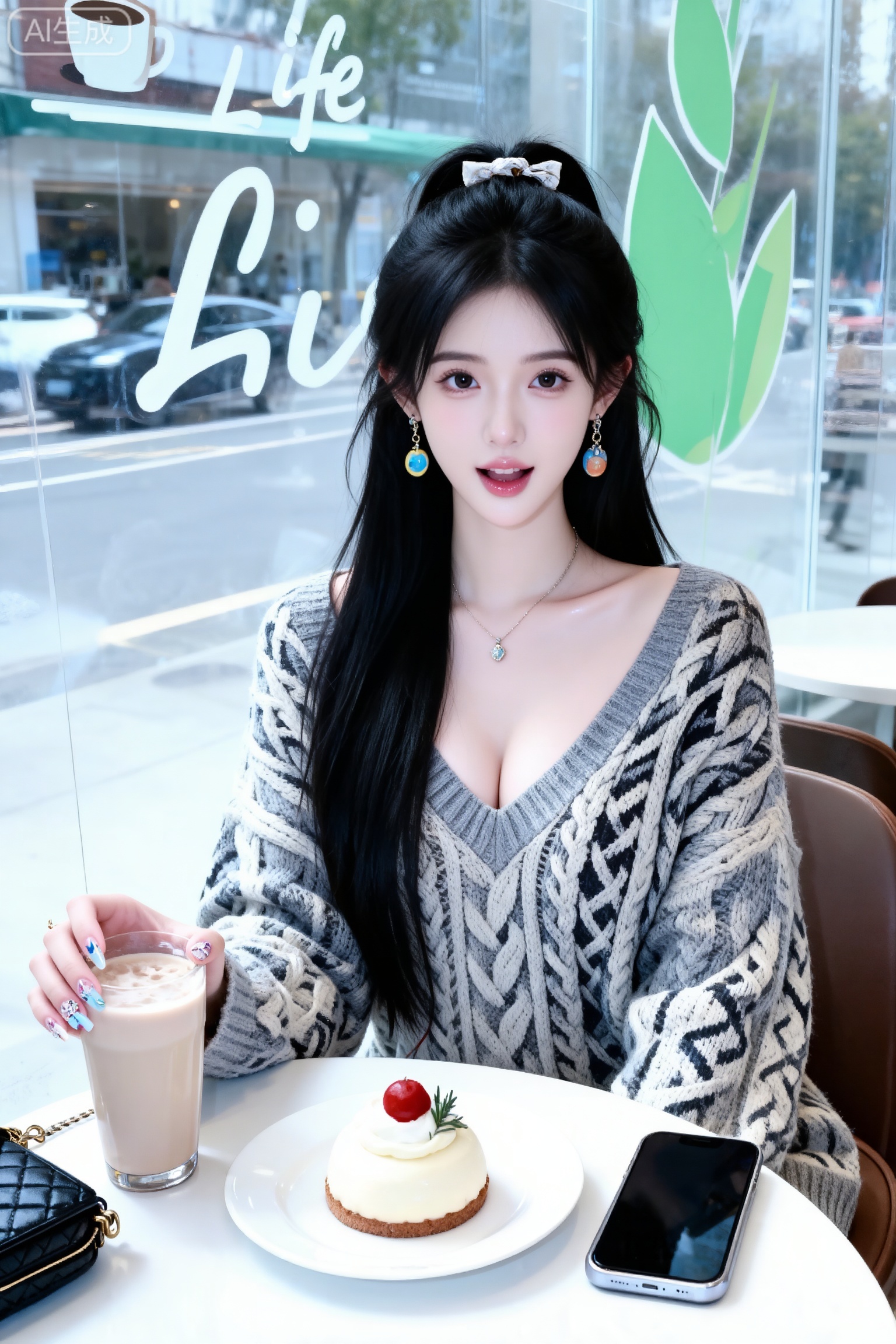 杰作级画质,顶级图像精度,超高清细节渲染,单人女性角色,（乌黑亮丽的长发：1.4）,（比例优越的纤细长腿：1.3）,（肌肤白皙光滑的匀称美腿：1.4）,（挺拔饱满的D 罩杯曲线：1.4）,（精致立体的美颜五官：1.4）,美颜全开,光滑油亮的皮肤,水嫩的肌肤,一个女孩,
高清画质,真人摄像,专业拍摄。留着黑色长发（用发饰扎起一半,剩下的发丝自然垂落）身材高挑,年轻漂亮的冷白皮网红19岁女孩,随机耳环和项链,看着镜头,表情灵动；她坐在店内,桌上放着奶茶和一块精致慕斯蛋糕一个手机一个包,姿态自然；女生身穿v宽松大牌编织毛衣,精致美甲；这是一家有透明咖啡店,窗外有带有“Life”等文字和咖啡的清新图案,整体氛围清新日常,充满城市街头的生活感。傲人身材,D cup,美颜全开,光滑油亮水嫩的皮肤