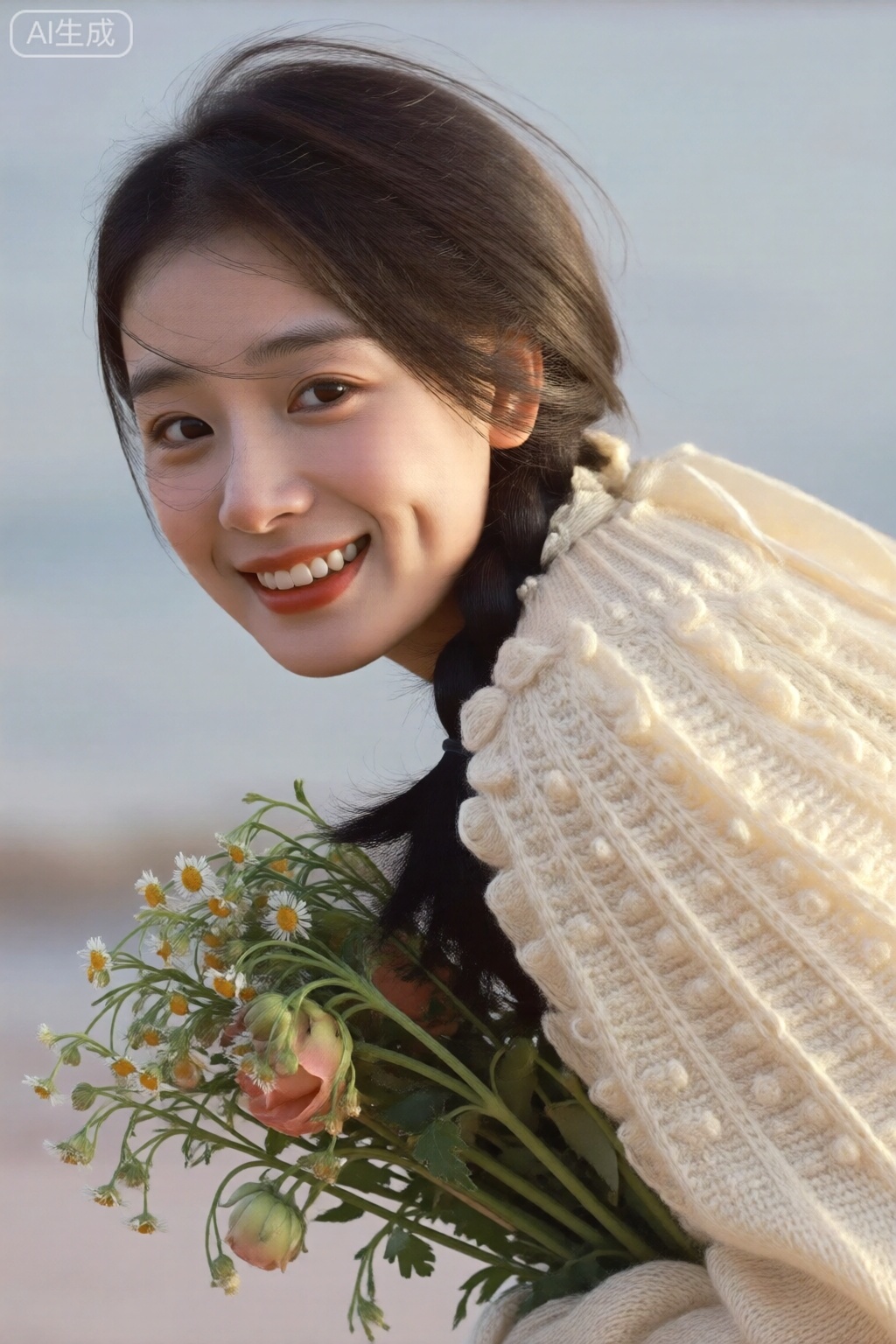girl, solo, long hair, looking at viewer, smile, brown hair, black hair, brown eyes, upper body, braid, flower, teeth, grin, from side, freckles, bouquet, realistic