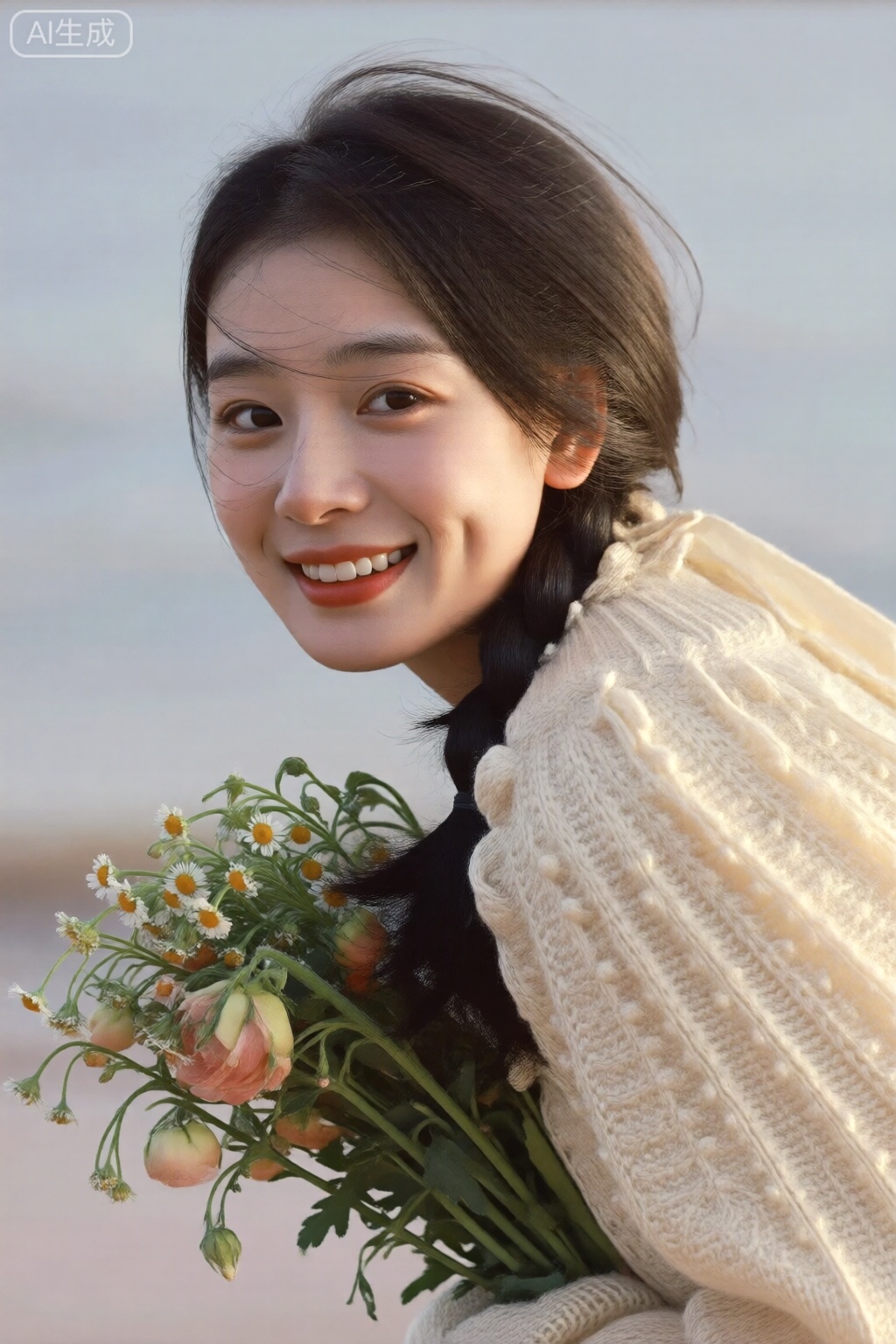 girl, solo, long hair, looking at viewer, smile, brown hair, black hair, brown eyes, upper body, braid, flower, teeth, grin, from side, freckles, bouquet, realistic