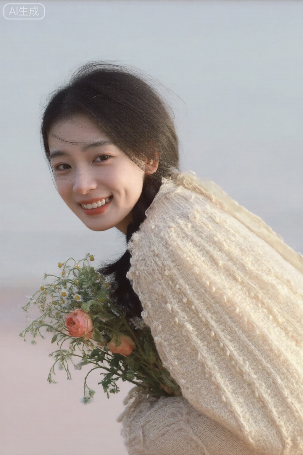 girl, solo, long hair, looking at viewer, smile, brown hair, black hair, brown eyes, upper body, braid, flower, teeth, grin, from side, freckles, bouquet, realistic