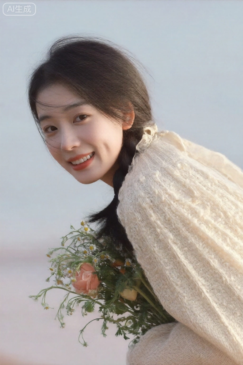 girl, solo, long hair, looking at viewer, smile, brown hair, black hair, brown eyes, upper body, braid, flower, teeth, grin, from side, freckles, bouquet, realistic