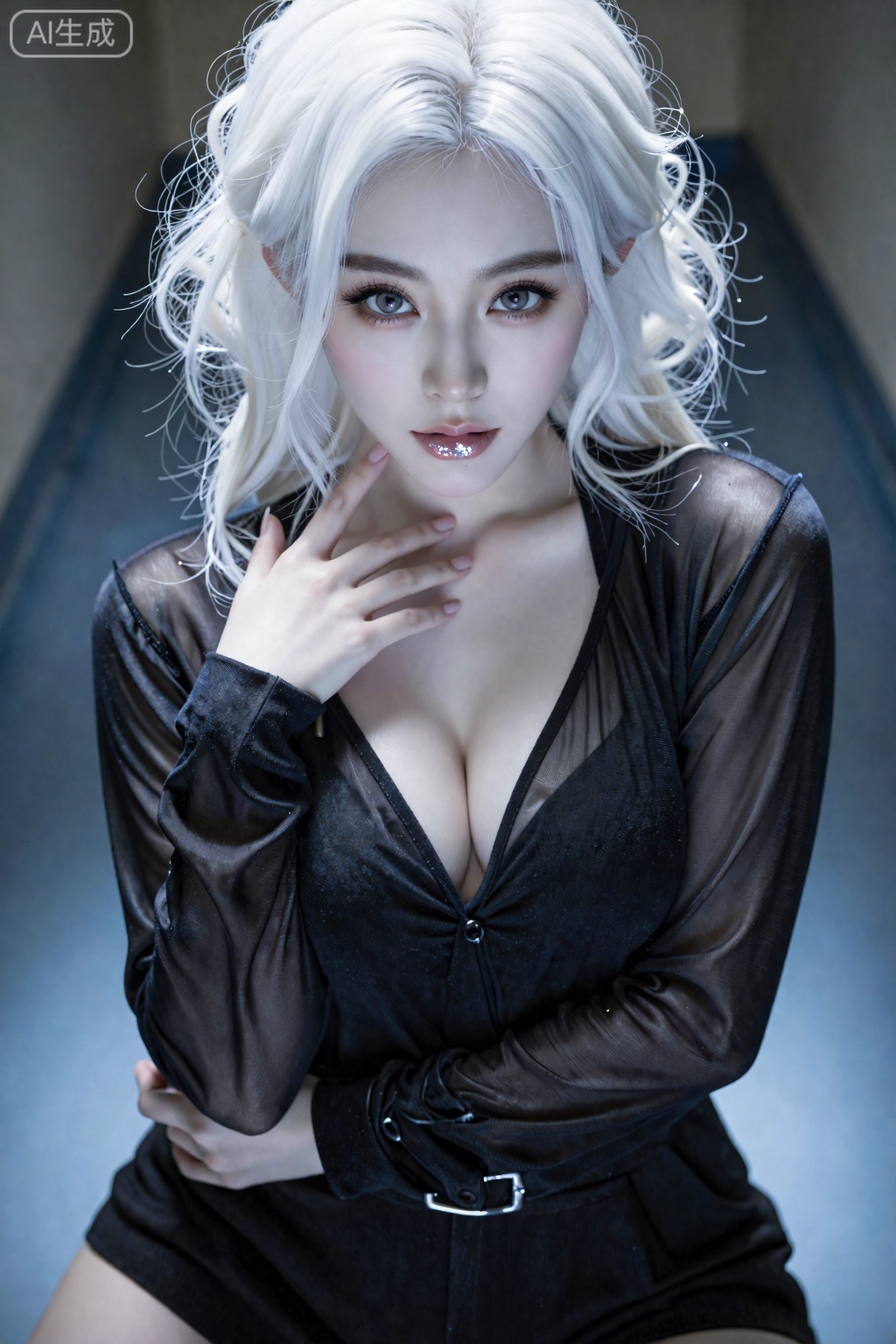 高冷御姐,意境,氛围,精致的五官,明亮的眼睛,高冷美女,晶莹剔透的嘴唇,白色短发,凌乱卷发,蛋卷头,修长的手指,高冷,意识流,美女御姐,冷白皮肤,黑灰色瞳孔,锁骨,轻薄的宽松淡黑色开衫针织外套有垂坠感,采用高角度视角,光线从侧上方照射,营造出朦胧、闪耀的氛围,高品质,画质清晰,高清,4K