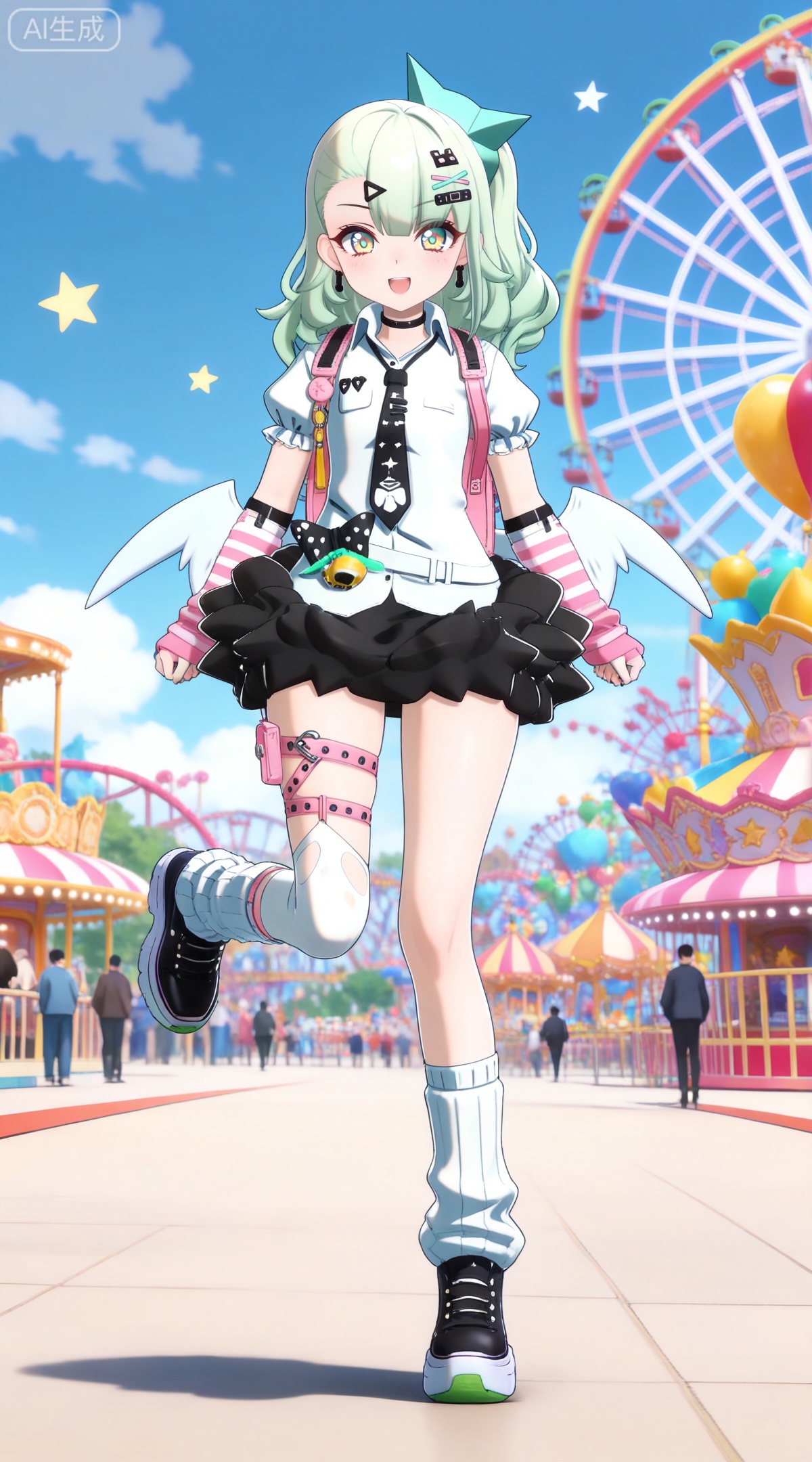 depth of field,masterpiece,best quality,very aesthetic,alternate costume,alternate costume,2024,2023,perfect composition,ultra-detailed,extreme aesthetic,masterpiece,best quality,good quality,newest,year 2024,year 2023,very aesthetic,absurdres,looking_at_viewer,colorful,
green hair,long hair,green eyes,multicolored eyes,yellow eyes,red eyes,ponytail,hair ornament,hairclip,x hair ornament,black choker,safety pin,hair bow,qianxia arm warmers,qianxia asymmetrical legwear,qianxia white shirt,qianxia puffy short sleeves,qianxia miniskirt,qianxia frilled skirt,qianxia asymmetrical legwear,qianxia white loose socks,qianxia single thighhigh,qianxia white thighhighs,1girl,amusement park,ferris wheel,standing on one leg,low wings,wings,outdoors,rainbow,shoes,standing,blue sky,black footwear,day,jewelry,looking at viewer,smile,sky,hair bow,open mouth,cloud,solo focus,:d,star \(symbol\),full body,solo,heart,clenched hands,black bow,