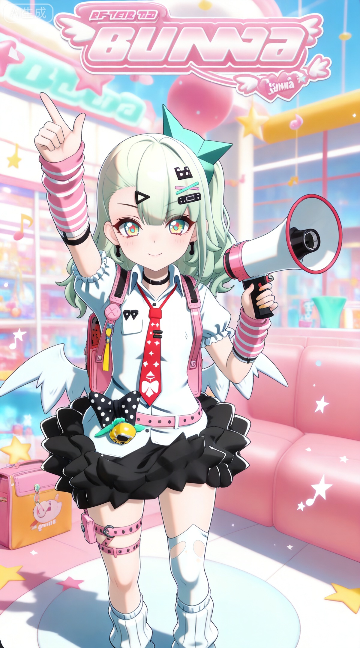 depth of field,masterpiece,best quality,very aesthetic,alternate costume,alternate costume,2024,2023,perfect composition,ultra-detailed,extreme aesthetic,masterpiece,best quality,good quality,newest,year 2024,year 2023,very aesthetic,absurdres,looking_at_viewer,colorful,
green hair,long hair,green eyes,multicolored eyes,yellow eyes,red eyes,ponytail,hair ornament,hairclip,x hair ornament,black choker,safety pin,hair bow,qianxia arm warmers,qianxia asymmetrical legwear,qianxia white shirt,qianxia puffy short sleeves,qianxia miniskirt,qianxia frilled skirt,qianxia asymmetrical legwear,qianxia white loose socks,qianxia single thighhigh,qianxia white thighhighs,1girl,solo,holding,wings,jewelry,looking at viewer,smile,hair bow,star \(symbol\),polka dot,standing,megaphone,english text,pink bag,polka dot bow,copyright name,black bow,musical note,character name,holding megaphone,pink belt,low wings,
,arm up,(from_above:1.1),