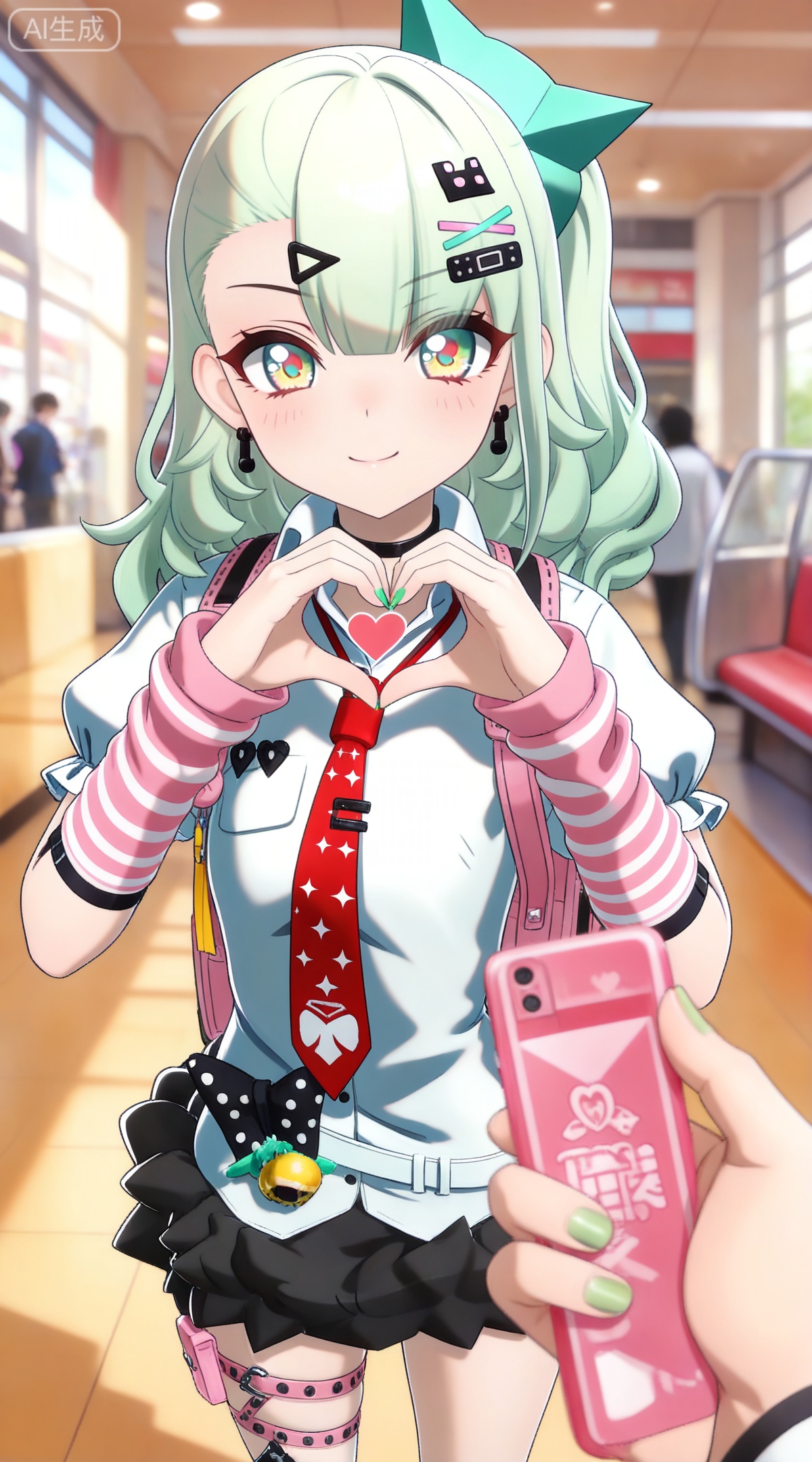 depth of field,masterpiece,best quality,very aesthetic,alternate costume,alternate costume,2024,2023,perfect composition,ultra-detailed,extreme aesthetic,masterpiece,best quality,good quality,newest,year 2024,year 2023,very aesthetic,absurdres,looking_at_viewer,colorful,
green hair,long hair,green eyes,multicolored eyes,yellow eyes,red eyes,ponytail,hair ornament,hairclip,x hair ornament,black choker,safety pin,hair bow,qianxia arm warmers,qianxia asymmetrical legwear,qianxia white shirt,qianxia puffy short sleeves,heart hands,heart,smile,necktie,jewelry,looking at viewer,1girl,earrings,red necktie,solo focus,nail polish,star \(symbol\),indoors,closed mouth,blurry,