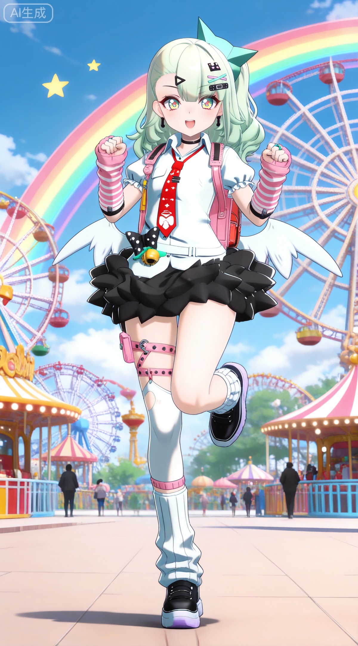 depth of field,masterpiece,best quality,very aesthetic,alternate costume,alternate costume,2024,2023,perfect composition,ultra-detailed,extreme aesthetic,masterpiece,best quality,good quality,newest,year 2024,year 2023,very aesthetic,absurdres,looking_at_viewer,colorful,
green hair,long hair,green eyes,multicolored eyes,yellow eyes,red eyes,ponytail,hair ornament,hairclip,x hair ornament,black choker,safety pin,hair bow,qianxia arm warmers,qianxia asymmetrical legwear,qianxia white shirt,qianxia puffy short sleeves,qianxia miniskirt,qianxia frilled skirt,qianxia asymmetrical legwear,qianxia white loose socks,qianxia single thighhigh,qianxia white thighhighs,1girl,amusement park,ferris wheel,standing on one leg,low wings,wings,outdoors,rainbow,shoes,standing,blue sky,black footwear,day,jewelry,looking at viewer,smile,sky,hair bow,open mouth,cloud,solo focus,:d,star \(symbol\),full body,solo,heart,clenched hands,black bow,