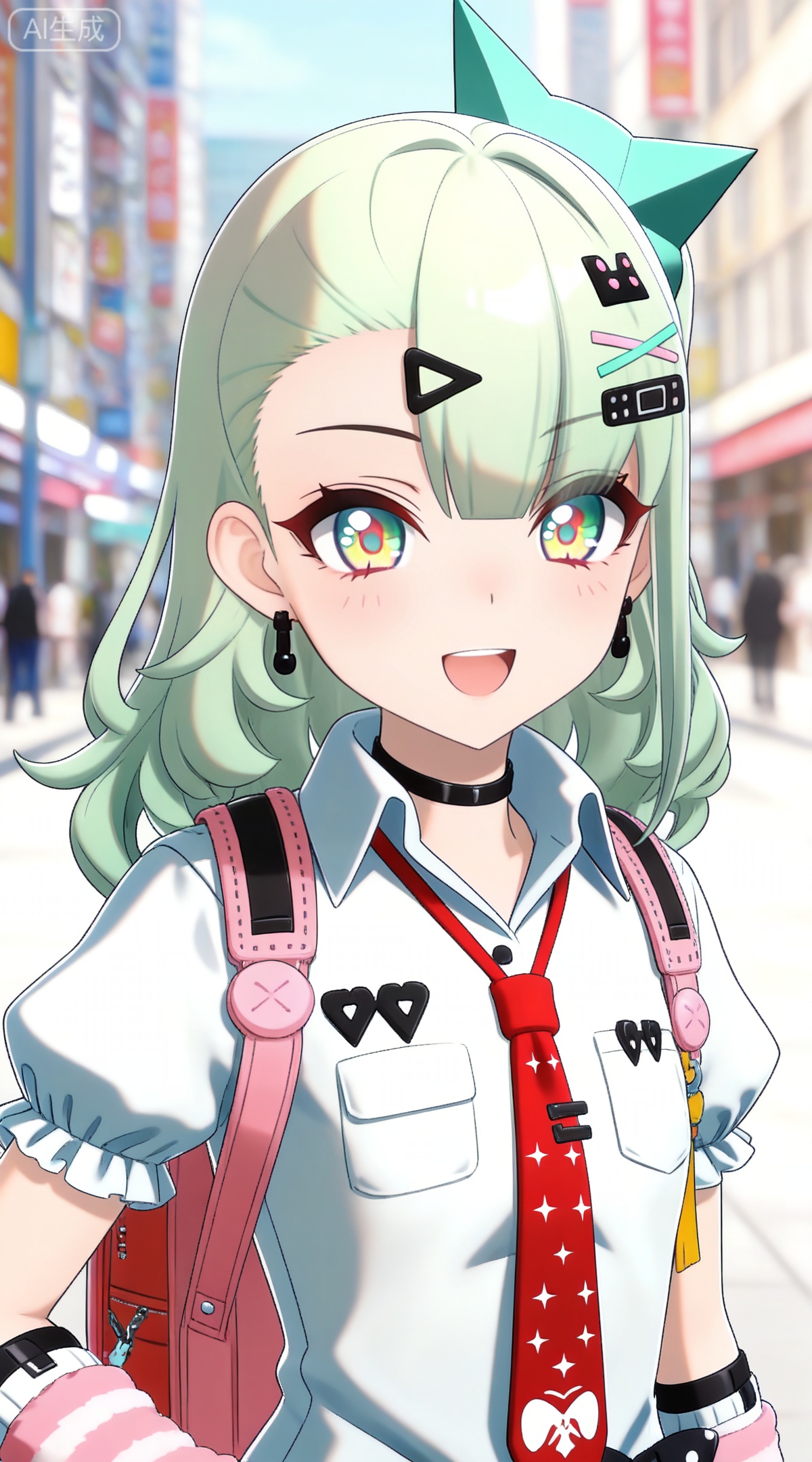 depth of field,masterpiece,best quality,very aesthetic,alternate costume,alternate costume,2024,2023,perfect composition,ultra-detailed,extreme aesthetic,masterpiece,best quality,good quality,newest,year 2024,year 2023,very aesthetic,absurdres,looking_at_viewer,colorful,
green hair,long hair,green eyes,multicolored eyes,yellow eyes,red eyes,ponytail,hair ornament,hairclip,x hair ornament,black choker,safety pin,hair bow,qianxia arm warmers,qianxia asymmetrical legwear,qianxia white shirt,qianxia puffy short sleeves,1girl,necktie,jewelry,backpack,earrings,looking at viewer,open mouth,bag,smile,upper body,blurry background,red necktie,outdoors,blurry,:d,badge,solo,pocket,breast pocket,,