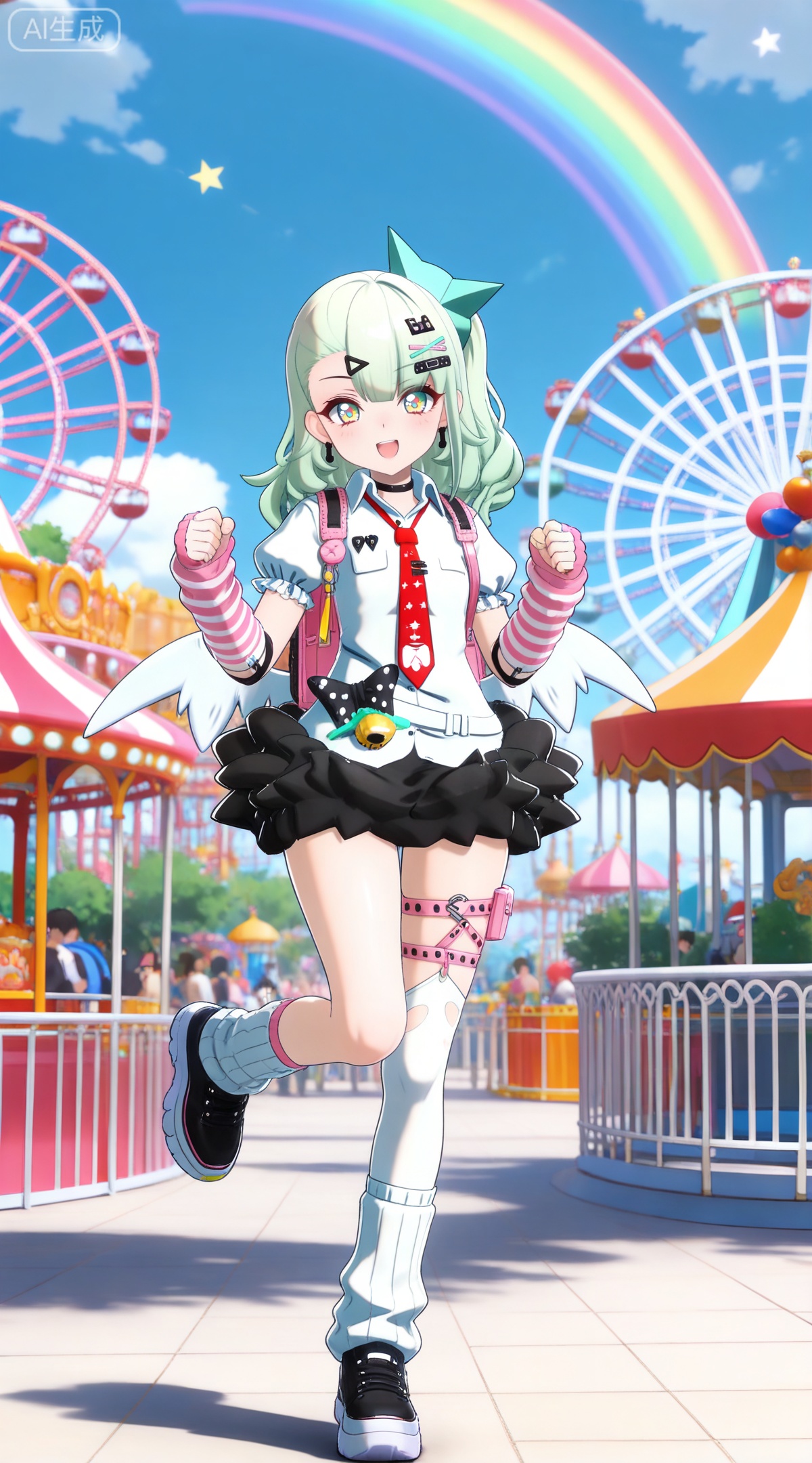 depth of field,masterpiece,best quality,very aesthetic,alternate costume,alternate costume,2024,2023,perfect composition,ultra-detailed,extreme aesthetic,masterpiece,best quality,good quality,newest,year 2024,year 2023,very aesthetic,absurdres,looking_at_viewer,colorful,
green hair,long hair,green eyes,multicolored eyes,yellow eyes,red eyes,ponytail,hair ornament,hairclip,x hair ornament,black choker,safety pin,hair bow,qianxia arm warmers,qianxia asymmetrical legwear,qianxia white shirt,qianxia puffy short sleeves,qianxia miniskirt,qianxia frilled skirt,qianxia asymmetrical legwear,qianxia white loose socks,qianxia single thighhigh,qianxia white thighhighs,1girl,amusement park,ferris wheel,standing on one leg,low wings,wings,outdoors,rainbow,shoes,standing,blue sky,black footwear,day,jewelry,looking at viewer,smile,sky,hair bow,open mouth,cloud,solo focus,:d,star \(symbol\),full body,solo,heart,clenched hands,black bow,