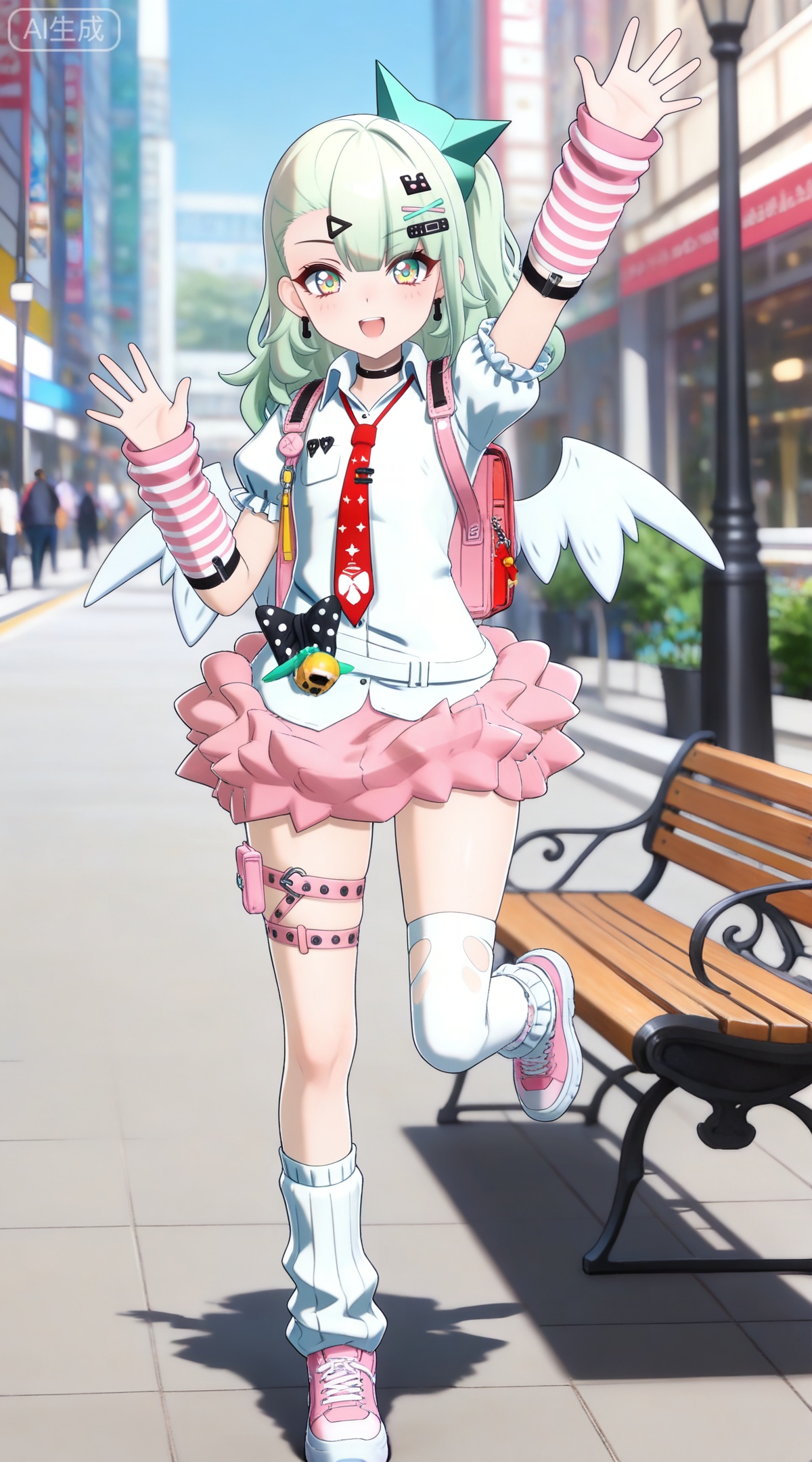 depth of field,masterpiece,best quality,very aesthetic,alternate costume,alternate costume,2024,2023,perfect composition,ultra-detailed,extreme aesthetic,masterpiece,best quality,good quality,newest,year 2024,year 2023,very aesthetic,absurdres,looking_at_viewer,colorful,
green hair,long hair,green eyes,multicolored eyes,yellow eyes,red eyes,ponytail,hair ornament,hairclip,x hair ornament,black choker,safety pin,hair bow,qianxia arm warmers,qianxia asymmetrical legwear,qianxia white shirt,qianxia puffy short sleeves,qianxia miniskirt,qianxia frilled skirt,qianxia asymmetrical legwear,qianxia white loose socks,qianxia single thighhigh,qianxia white thighhighs,1girl,wings,pink footwear,shoes,outdoors,pink bag,standing,bench,looking at viewer,smile,arm up,day,standing on one leg,solo,full body,jewelry,open mouth,waving,sneakers,