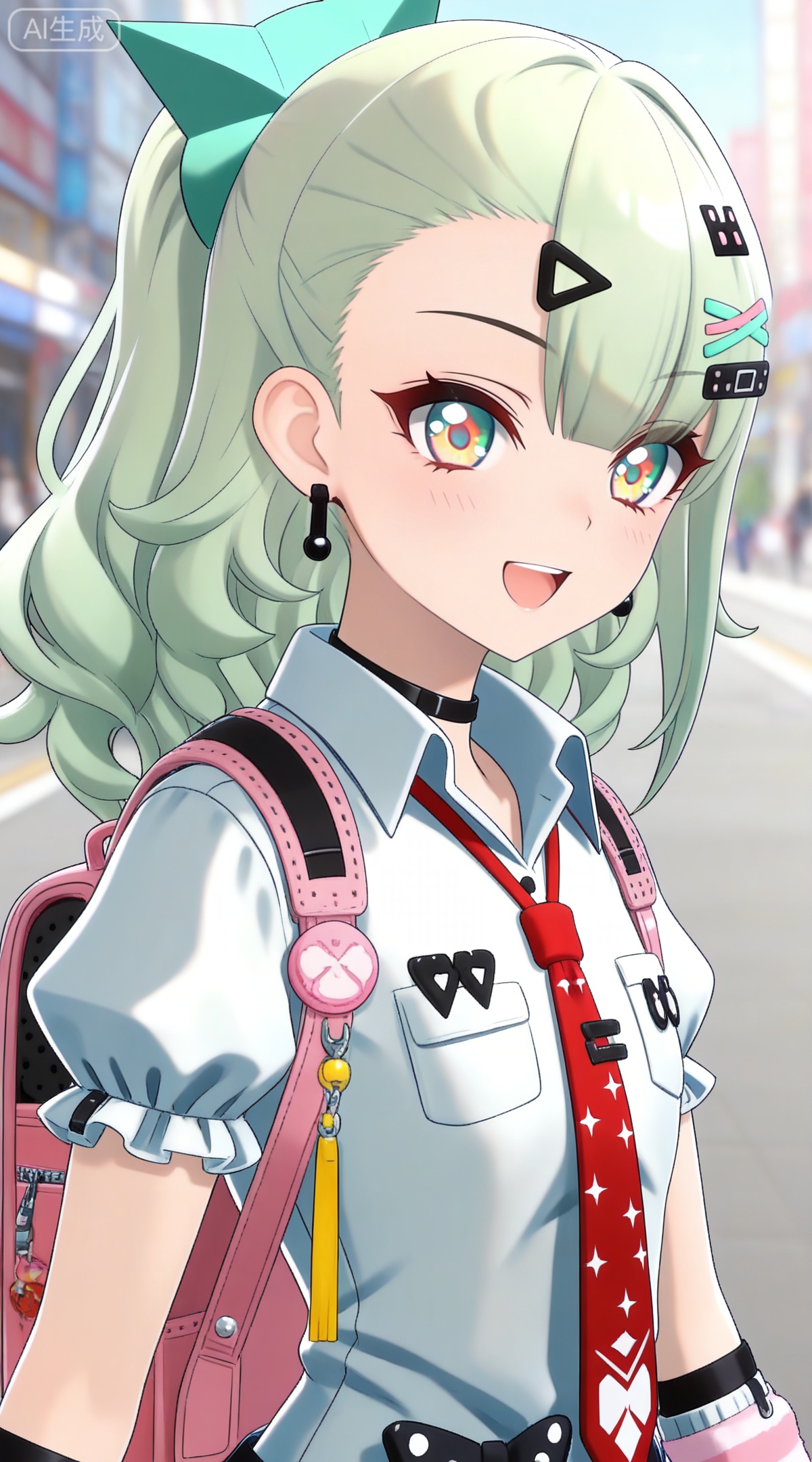 depth of field,masterpiece,best quality,very aesthetic,alternate costume,alternate costume,2024,2023,perfect composition,ultra-detailed,extreme aesthetic,masterpiece,best quality,good quality,newest,year 2024,year 2023,very aesthetic,absurdres,looking_at_viewer,colorful,
green hair,long hair,green eyes,multicolored eyes,yellow eyes,red eyes,ponytail,hair ornament,hairclip,x hair ornament,black choker,safety pin,hair bow,qianxia arm warmers,qianxia asymmetrical legwear,qianxia white shirt,qianxia puffy short sleeves,1girl,necktie,jewelry,backpack,earrings,looking at viewer,open mouth,bag,smile,upper body,blurry background,red necktie,outdoors,blurry,:d,badge,solo,pocket,breast pocket,,