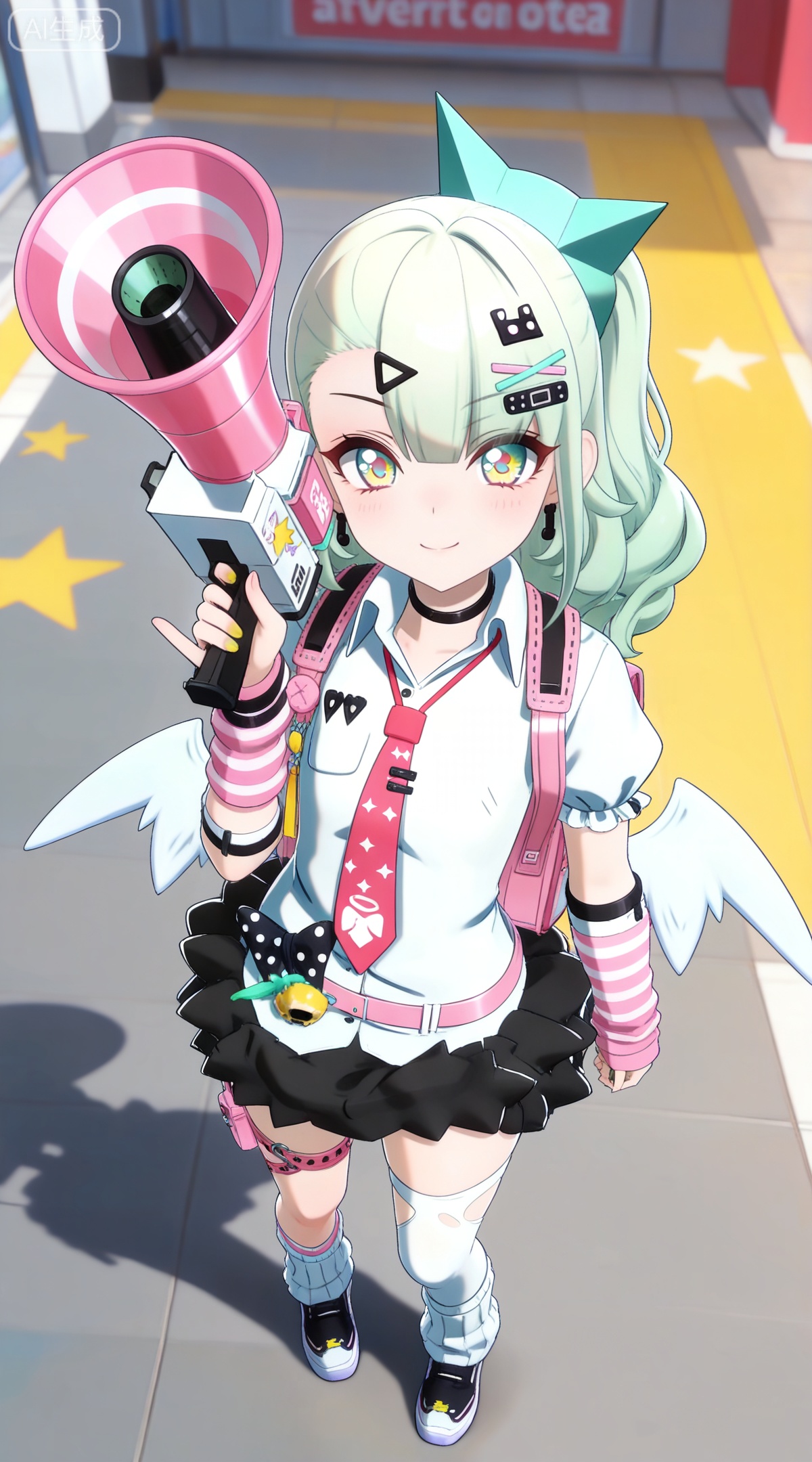 depth of field,masterpiece,best quality,very aesthetic,alternate costume,alternate costume,2024,2023,perfect composition,ultra-detailed,extreme aesthetic,masterpiece,best quality,good quality,newest,year 2024,year 2023,very aesthetic,absurdres,looking_at_viewer,colorful,
green hair,long hair,green eyes,multicolored eyes,yellow eyes,red eyes,ponytail,hair ornament,hairclip,x hair ornament,black choker,safety pin,hair bow,qianxia arm warmers,qianxia asymmetrical legwear,qianxia white shirt,qianxia puffy short sleeves,qianxia miniskirt,qianxia frilled skirt,qianxia asymmetrical legwear,qianxia white loose socks,qianxia single thighhigh,qianxia white thighhighs,1girl,solo,holding,wings,jewelry,looking at viewer,smile,hair bow,star \(symbol\),polka dot,standing,megaphone,english text,pink bag,polka dot bow,copyright name,black bow,musical note,character name,holding megaphone,pink belt,low wings,
,arm up,(from_above:1.1),