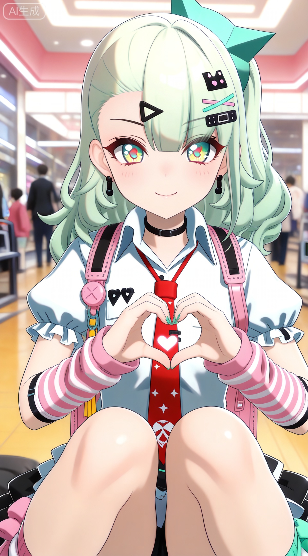 depth of field,masterpiece,best quality,very aesthetic,alternate costume,alternate costume,2024,2023,perfect composition,ultra-detailed,extreme aesthetic,masterpiece,best quality,good quality,newest,year 2024,year 2023,very aesthetic,absurdres,looking_at_viewer,colorful,
green hair,long hair,green eyes,multicolored eyes,yellow eyes,red eyes,ponytail,hair ornament,hairclip,x hair ornament,black choker,safety pin,hair bow,qianxia arm warmers,qianxia asymmetrical legwear,qianxia white shirt,qianxia puffy short sleeves,heart hands,heart,smile,necktie,jewelry,looking at viewer,1girl,earrings,red necktie,solo focus,nail polish,star \(symbol\),indoors,closed mouth,blurry,