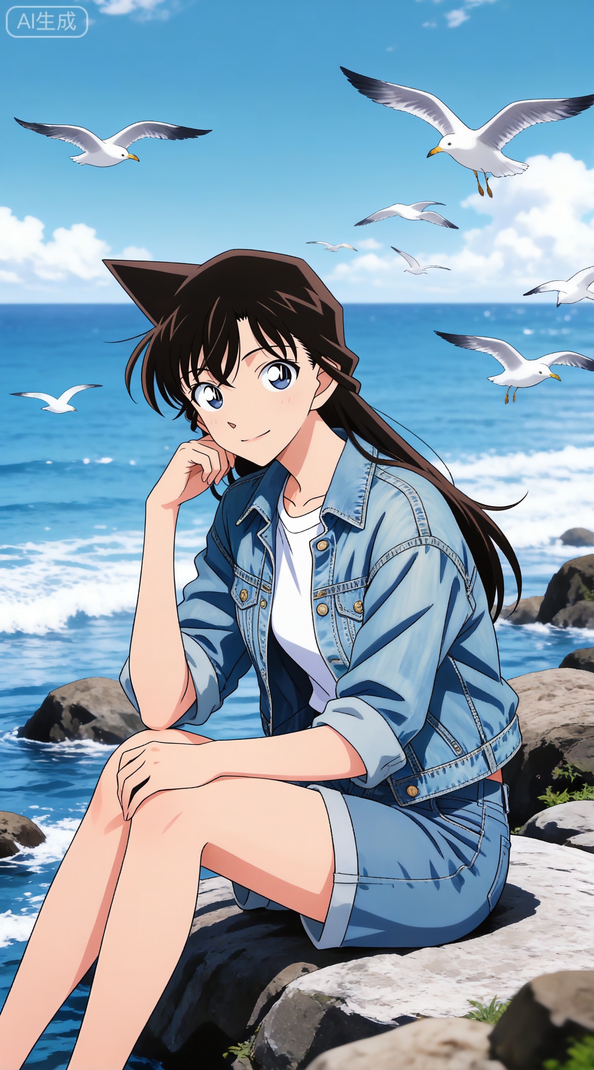 depth of field,masterpiece,best quality,very aesthetic,alternate costume,alternate costume,2024,2023,perfect composition,ultra-detailed,extreme aesthetic,masterpiece,best quality,good quality,newest,year 2024,year 2023,very aesthetic,absurdres,looking_at_viewer,colorful,
black hair, long hair, blue eyes, 1girl, outdoors, shirt, white shirt, solo, jacket, ocean, day, blue jacket, bird, sitting, open clothes, sky, shorts, open jacket, closed mouth, seagull, collarbone, rock, denim jacket, blue sky, water, cloud, from side, smile, long sleeves, denim, sleeves rolled up, hand on own knee, head rest, blue shorts