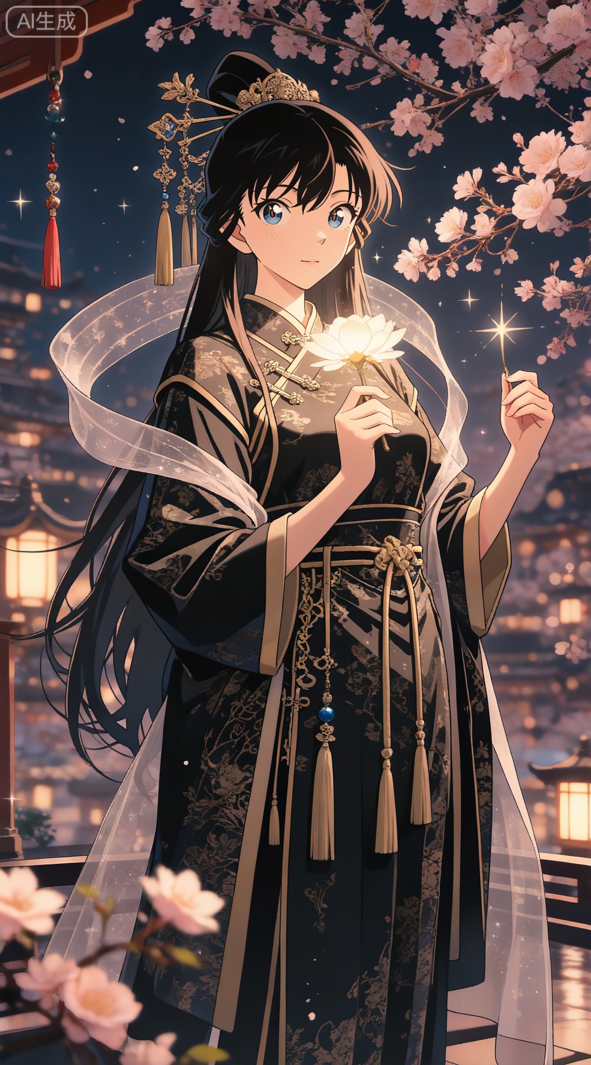 depth of field,masterpiece,best quality,very aesthetic,alternate costume,alternate costume,2024,2023,perfect composition,ultra-detailed,extreme aesthetic,masterpiece,best quality,good quality,newest,year 2024,year 2023,very aesthetic,absurdres,looking_at_viewer,colorful,
black hair, long hair, blue eyes, 
lvjing,1girl,long hair,hair ornament,very long hair,flower,wide sleeves,japanese clothes,sparkle,long sleeves,hagoromo,chinese clothes,holding,solo,tassel,branch,shawl,9,
