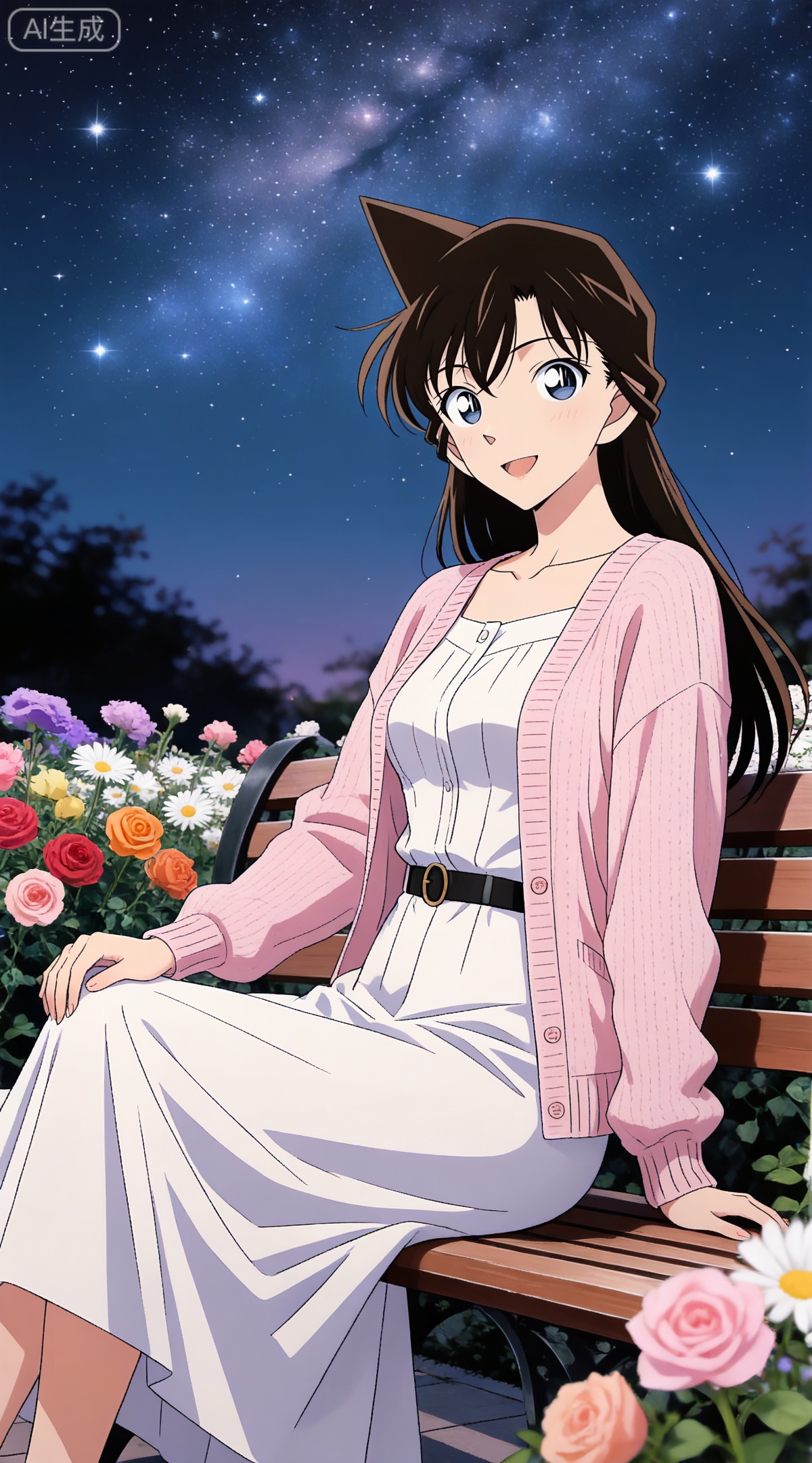 depth of field,masterpiece,best quality,very aesthetic,alternate costume,alternate costume,2024,2023,perfect composition,ultra-detailed,extreme aesthetic,masterpiece,best quality,good quality,newest,year 2024,year 2023,very aesthetic,absurdres,looking_at_viewer,colorful,
black hair, long hair, blue eyes, 1girl, flower, solo, open cardigan, cardigan, sitting, smile, pink flower, orange flower, red flower, outdoors, open mouth, night, white flower, looking at viewer, dress, :d, sky, open clothes, long sleeves, yellow flower, rose, collarbone, pink cardigan, star \(sky\), pink rose, purple flower, night sky, belt, blurry, white cardigan, starry sky, hand on own knee, orange rose, daisy, bench, open jacket, white dress, red rose, jacket