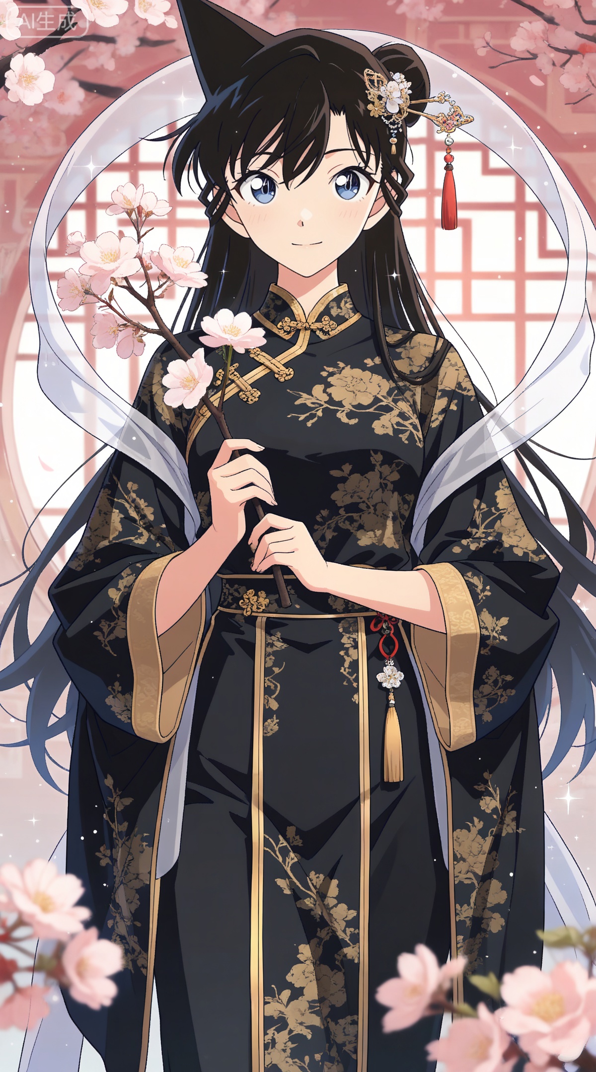 depth of field,masterpiece,best quality,very aesthetic,alternate costume,alternate costume,2024,2023,perfect composition,ultra-detailed,extreme aesthetic,masterpiece,best quality,good quality,newest,year 2024,year 2023,very aesthetic,absurdres,looking_at_viewer,colorful,
black hair, long hair, blue eyes, 
lvjing,1girl,long hair,hair ornament,very long hair,flower,wide sleeves,japanese clothes,sparkle,long sleeves,hagoromo,chinese clothes,holding,solo,tassel,branch,shawl,9,
